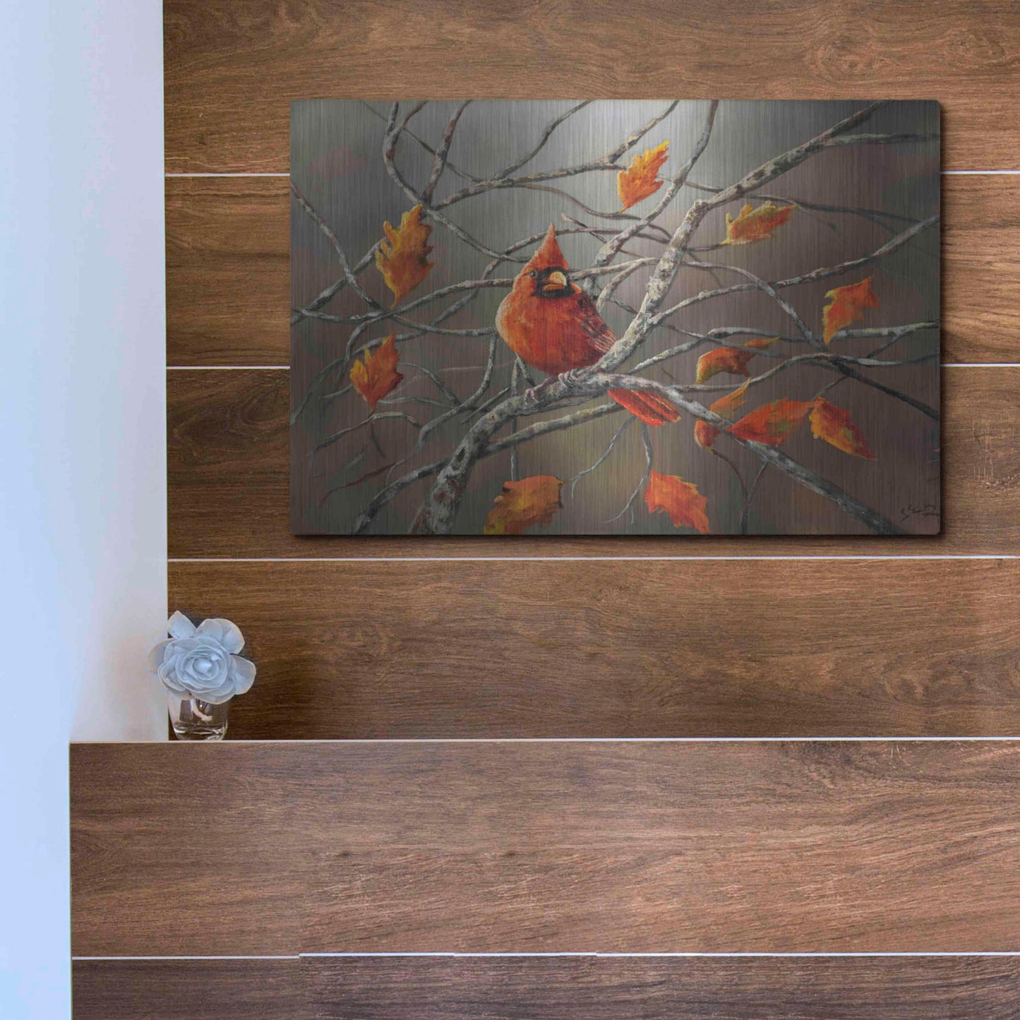 Luxe Metal Art 'Fall Cardinal' by Sarah Davis, Metal Wall Art,16x12