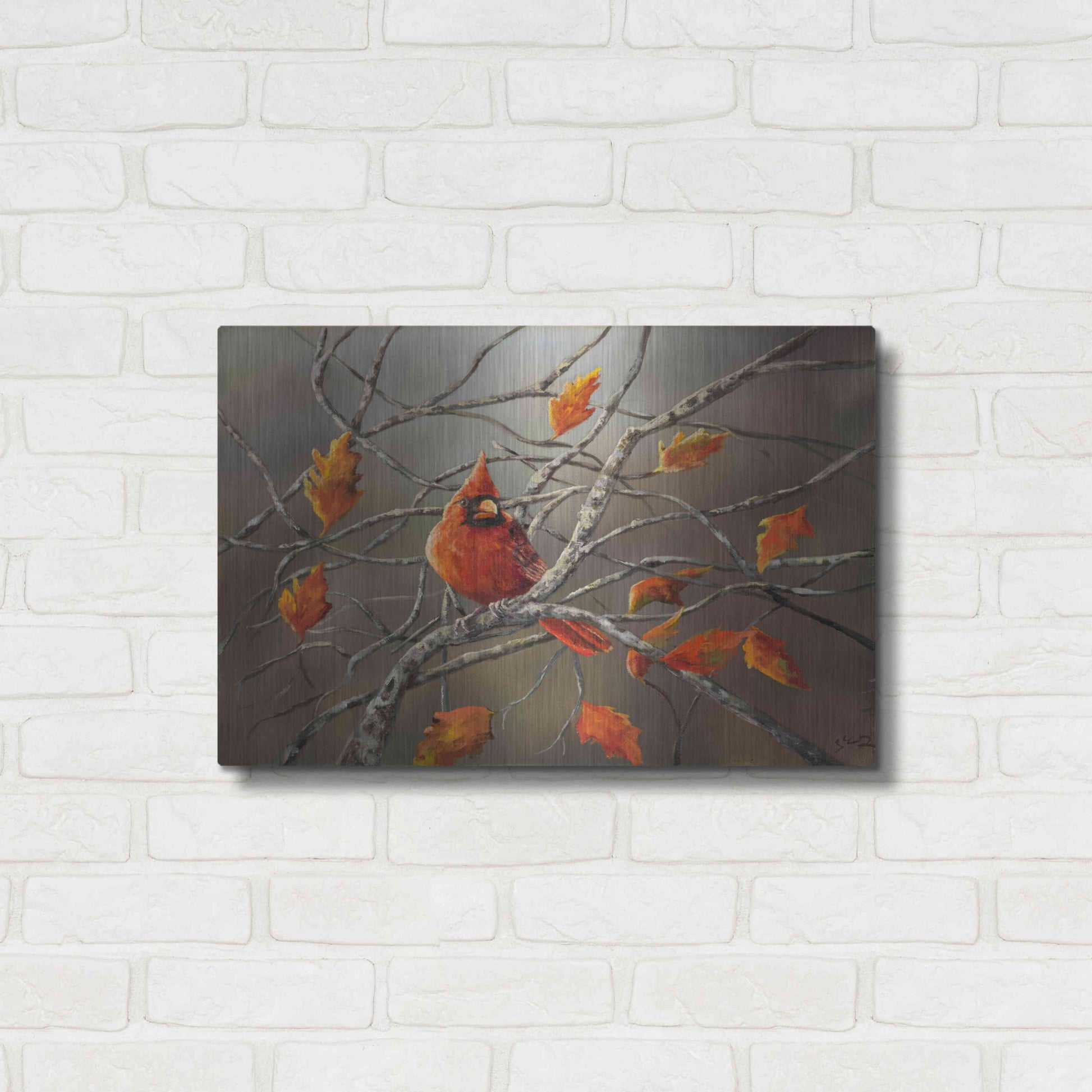 Luxe Metal Art 'Fall Cardinal' by Sarah Davis, Metal Wall Art,24x16