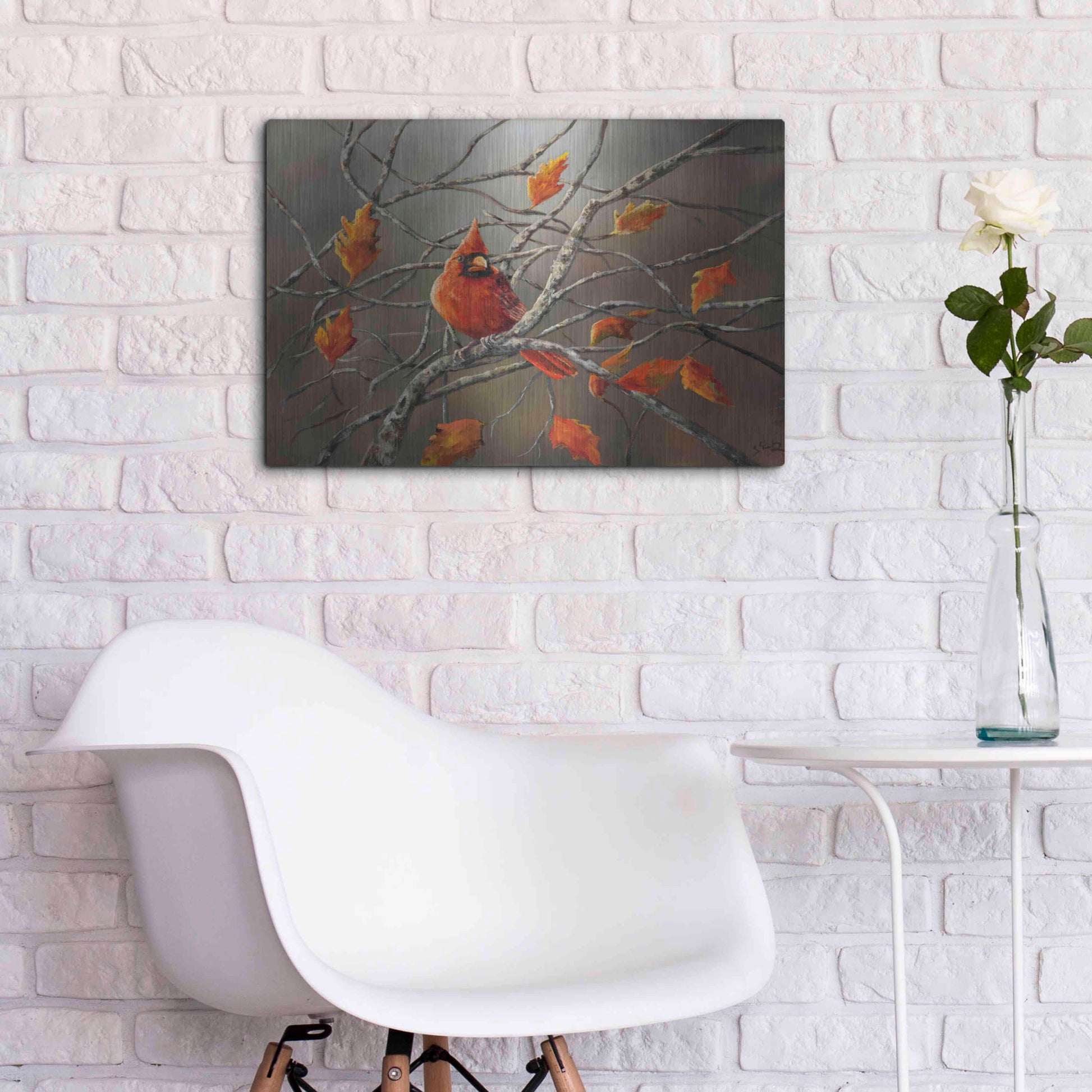 Luxe Metal Art 'Fall Cardinal' by Sarah Davis, Metal Wall Art,24x16