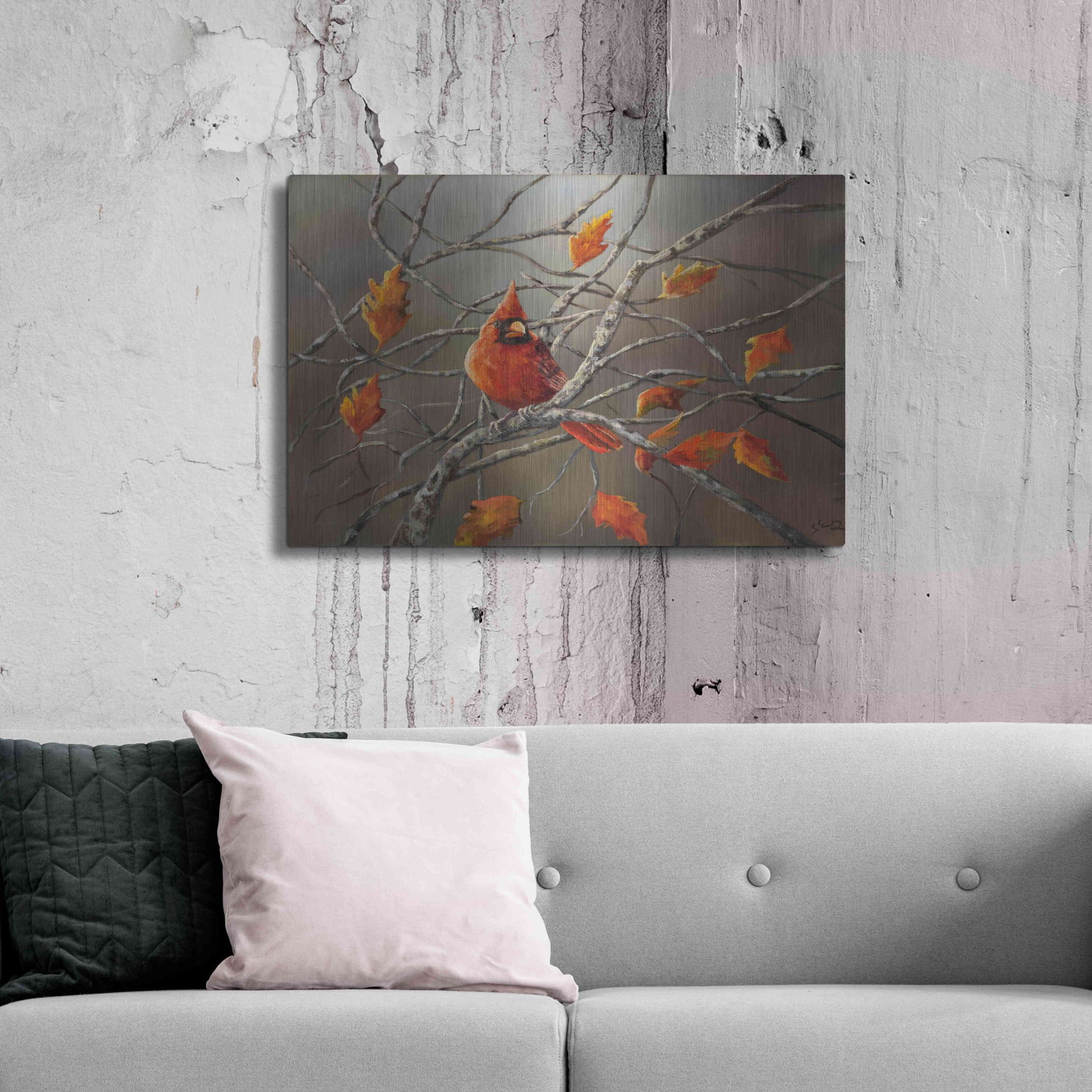 Luxe Metal Art 'Fall Cardinal' by Sarah Davis, Metal Wall Art,36x24