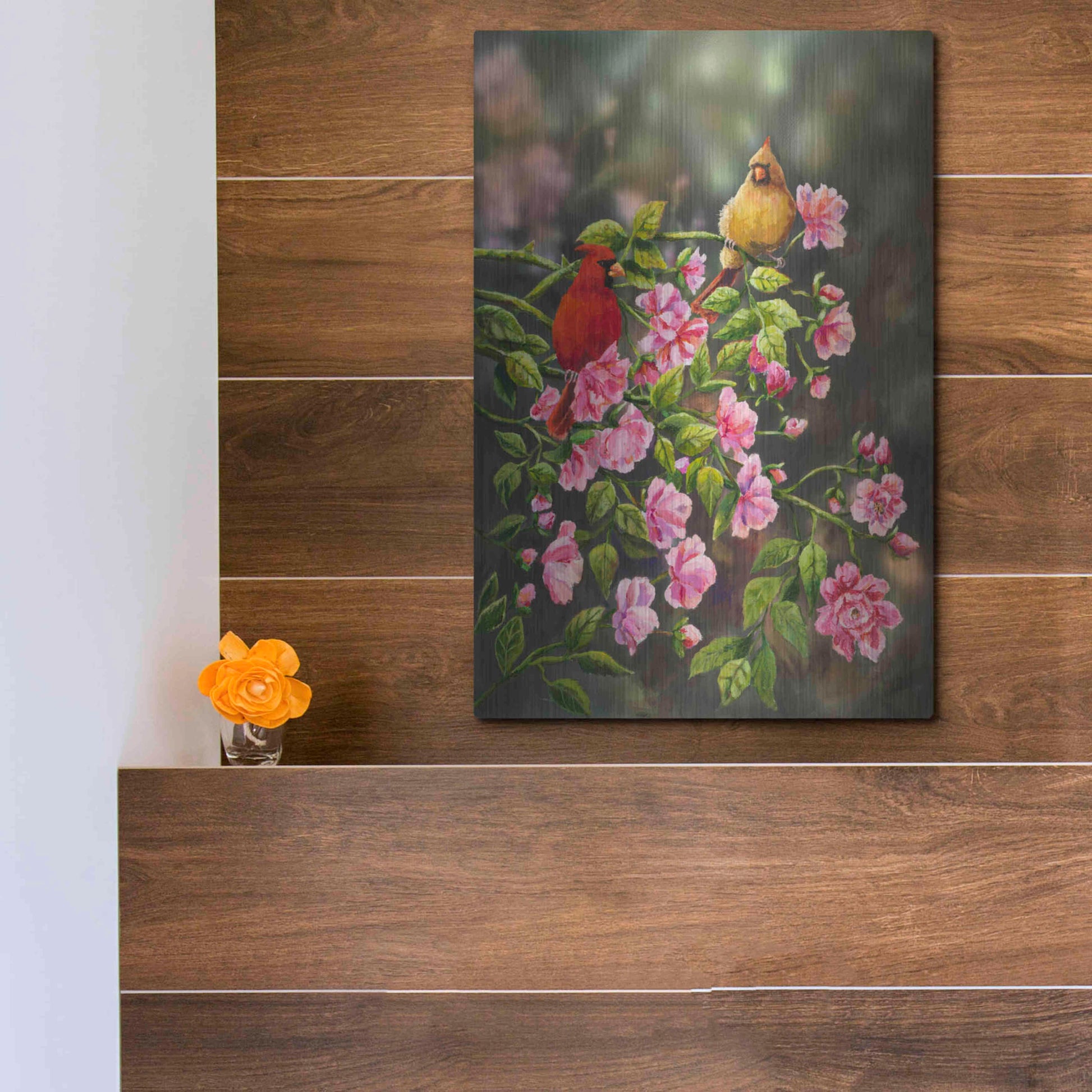 Luxe Metal Art 'Cardinals with Roses' by Sarah Davis, Metal Wall Art,12x16