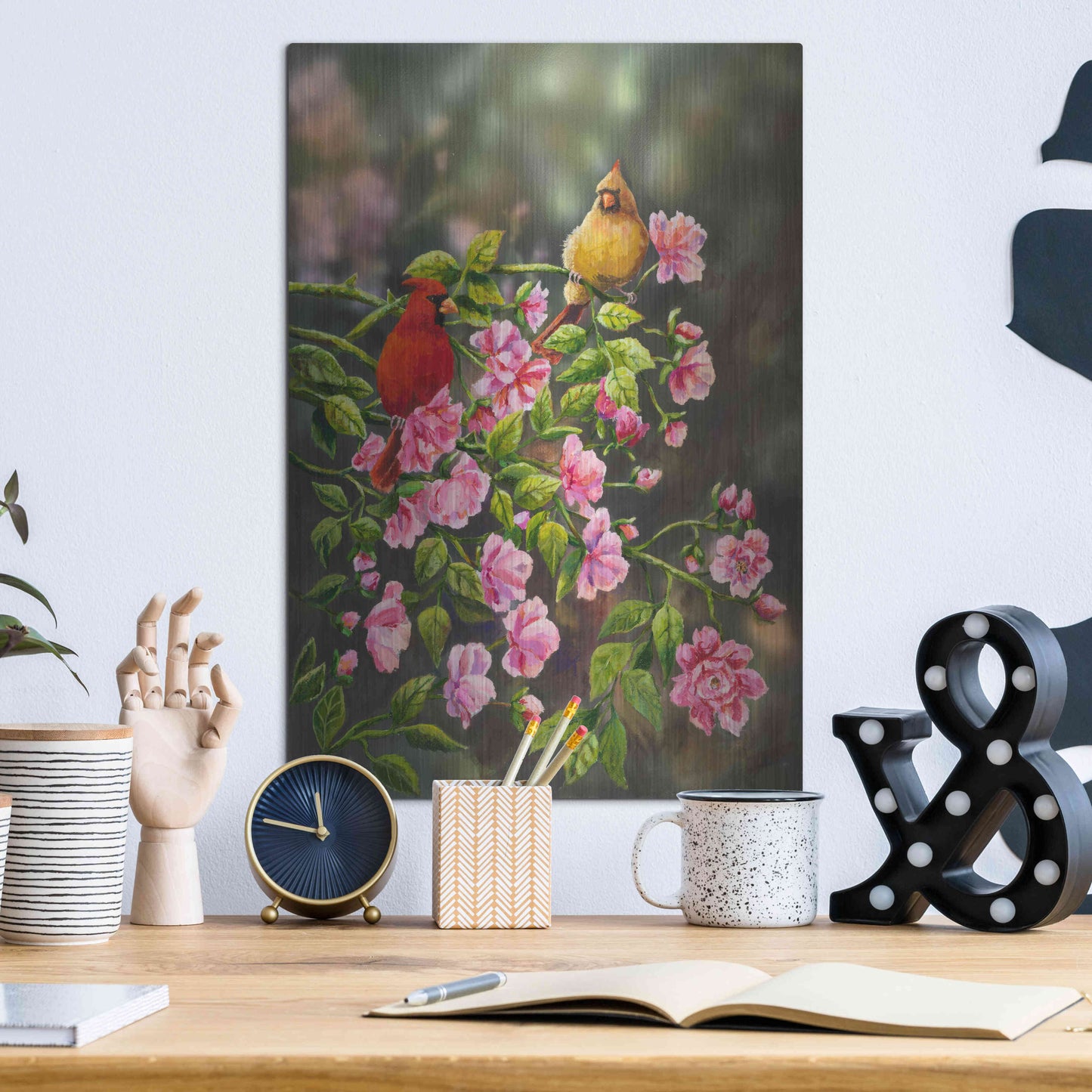 Luxe Metal Art 'Cardinals with Roses' by Sarah Davis, Metal Wall Art,12x16