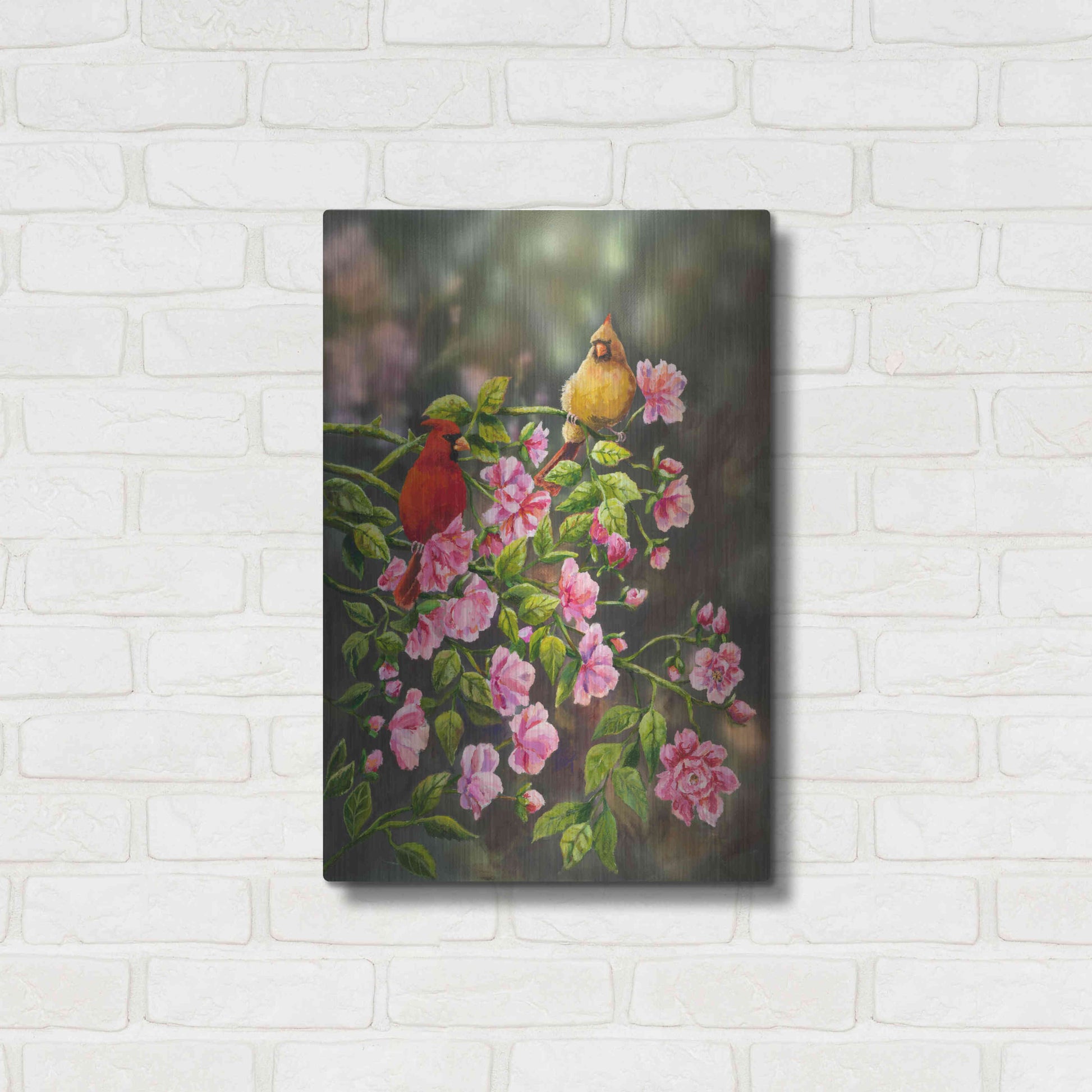 Luxe Metal Art 'Cardinals with Roses' by Sarah Davis, Metal Wall Art,16x24