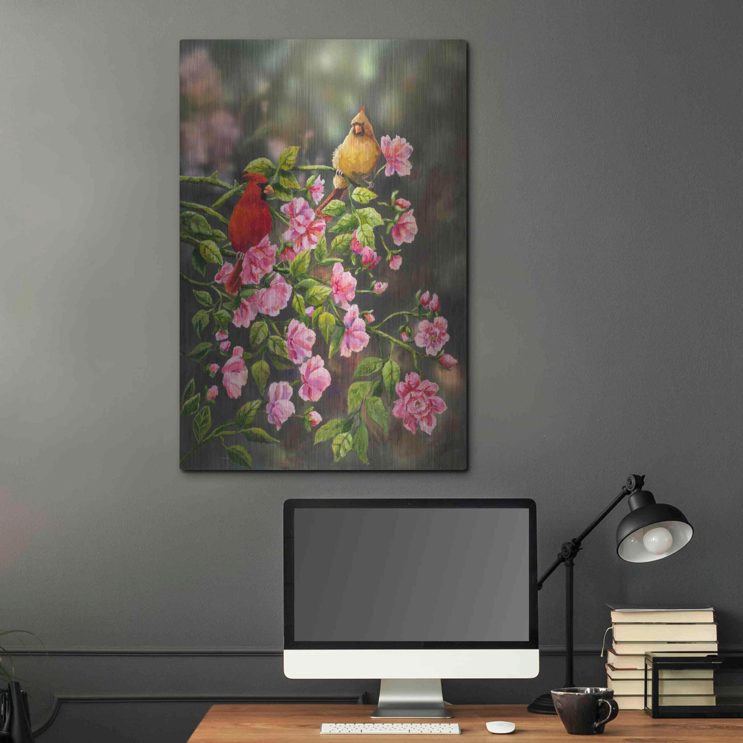 Luxe Metal Art 'Cardinals with Roses' by Sarah Davis, Metal Wall Art,24x36