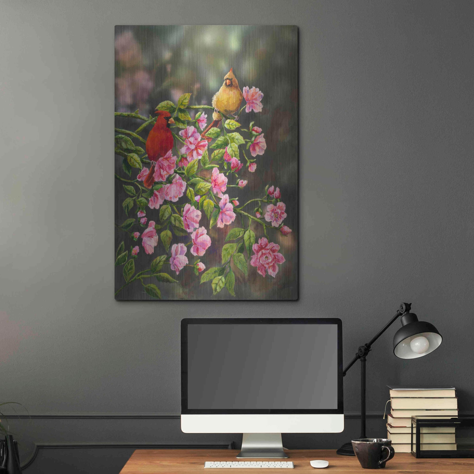 Luxe Metal Art 'Cardinals with Roses' by Sarah Davis, Metal Wall Art,24x36