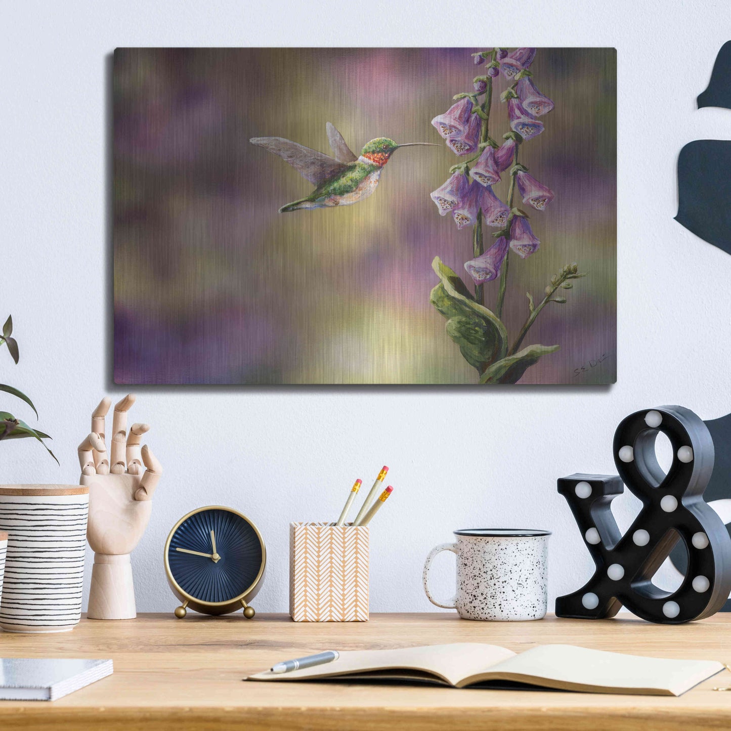 Luxe Metal Art 'Spring Hummingbird' by Sarah Davis, Metal Wall Art,16x12