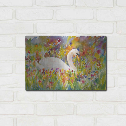 Luxe Metal Art 'Colorful Swan' by Sarah Davis, Metal Wall Art,16x12