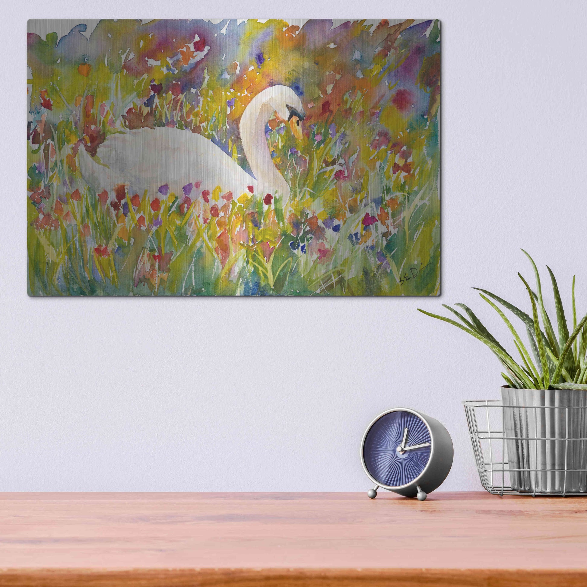 Luxe Metal Art 'Colorful Swan' by Sarah Davis, Metal Wall Art,16x12