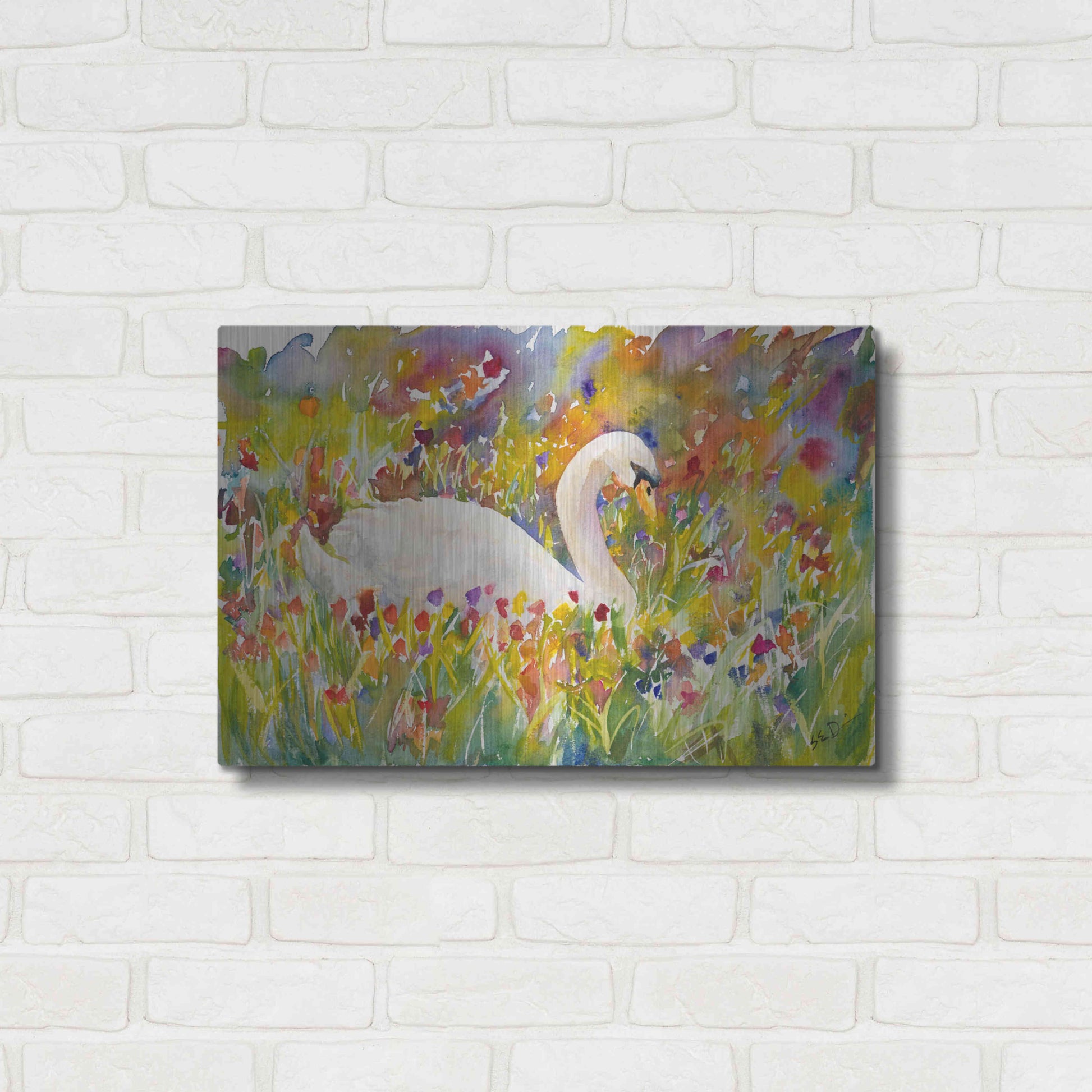 Luxe Metal Art 'Colorful Swan' by Sarah Davis, Metal Wall Art,24x16