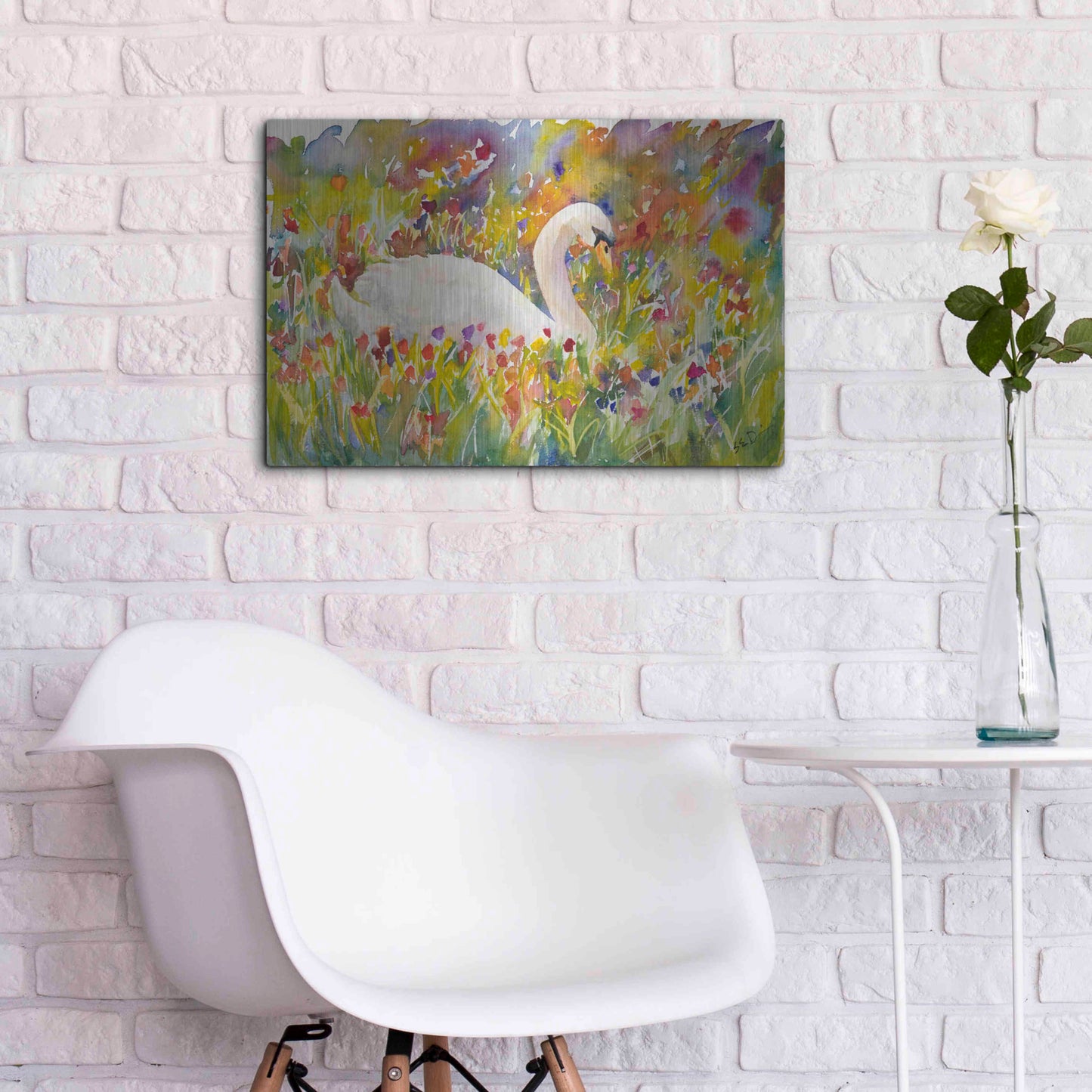 Luxe Metal Art 'Colorful Swan' by Sarah Davis, Metal Wall Art,24x16