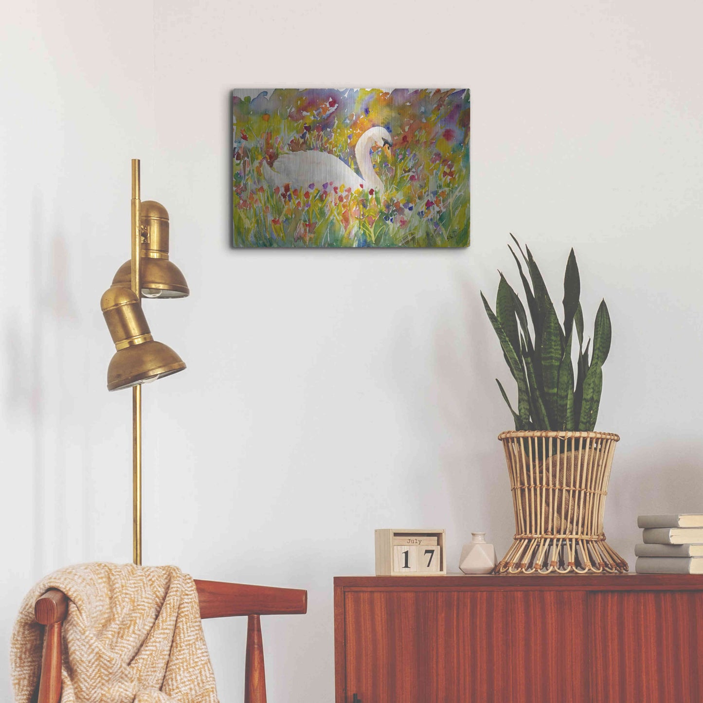 Luxe Metal Art 'Colorful Swan' by Sarah Davis, Metal Wall Art,24x16