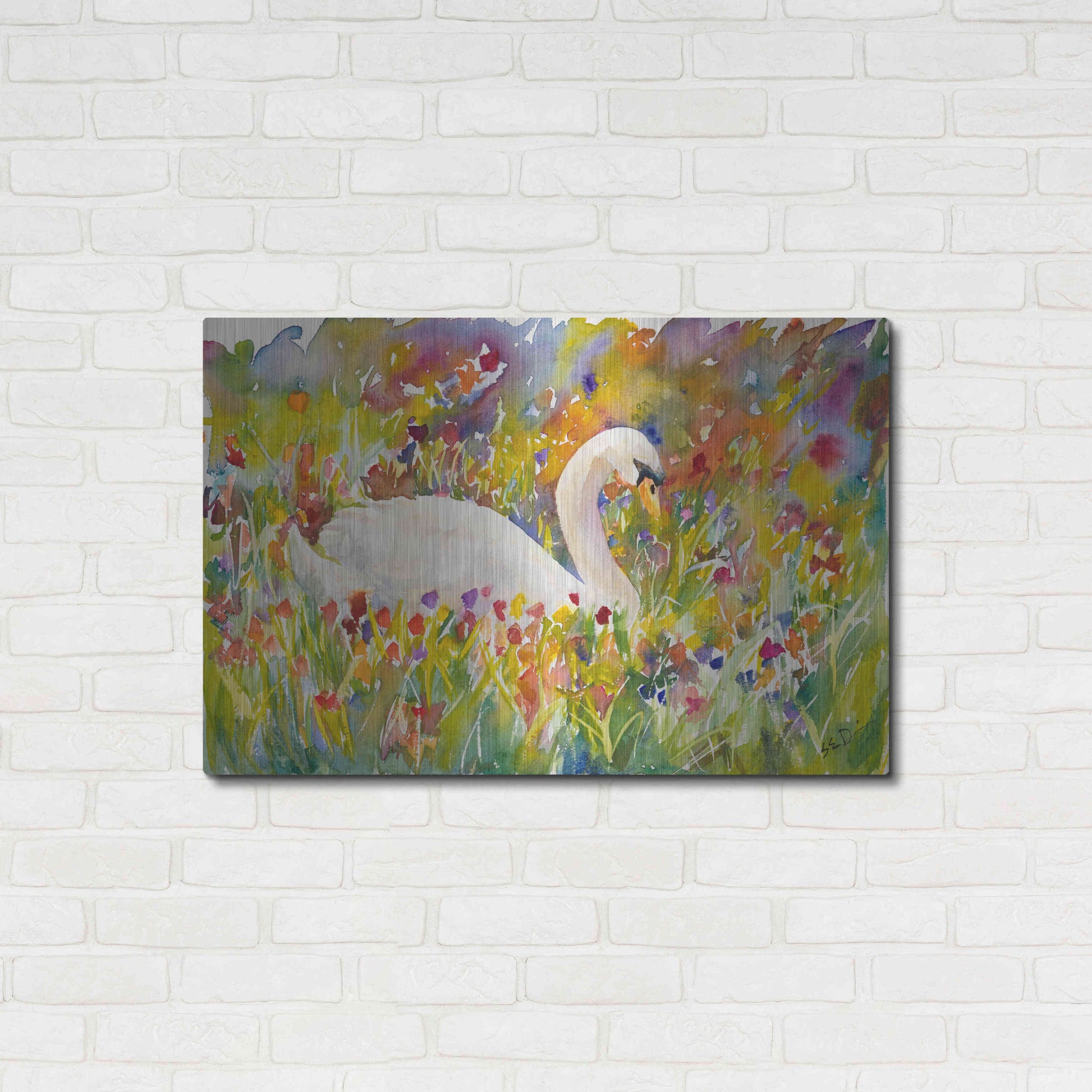 Luxe Metal Art 'Colorful Swan' by Sarah Davis, Metal Wall Art,36x24