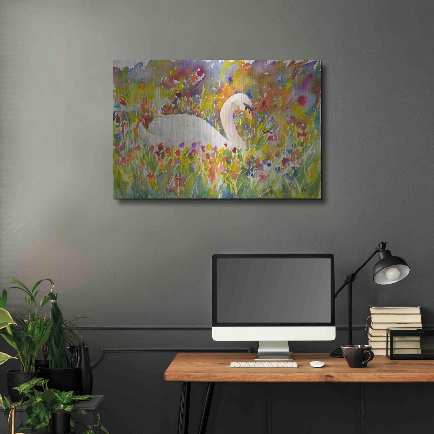 Luxe Metal Art 'Colorful Swan' by Sarah Davis, Metal Wall Art,36x24