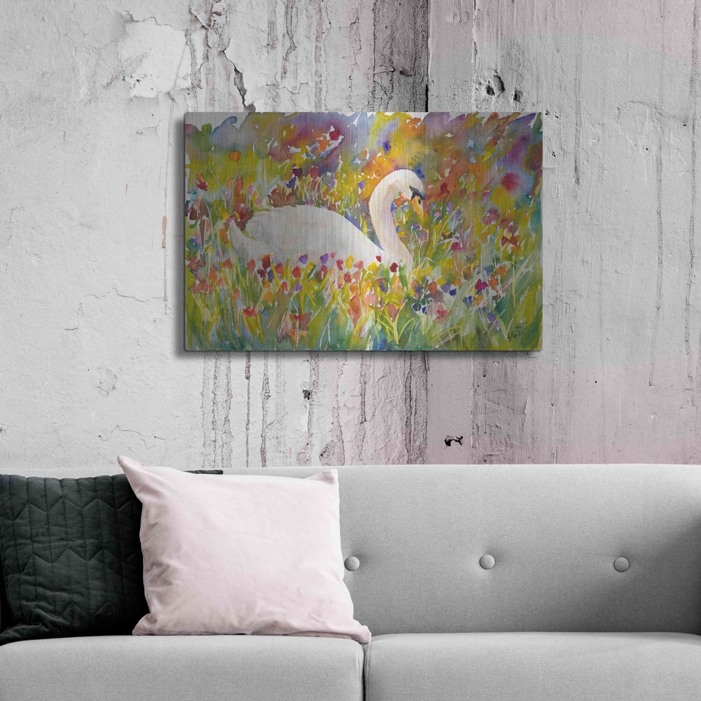 Luxe Metal Art 'Colorful Swan' by Sarah Davis, Metal Wall Art,36x24