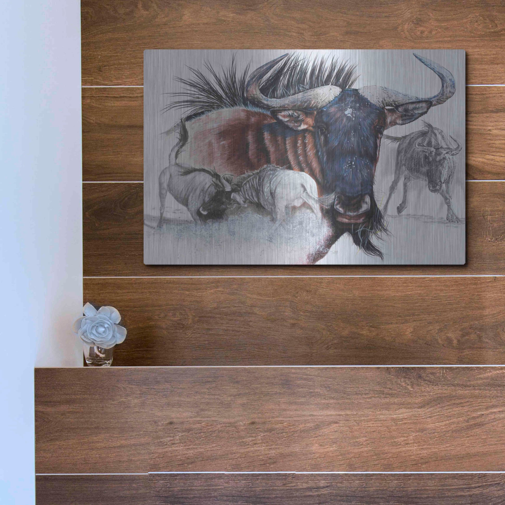 Luxe Metal Art 'Wildebeest' by Barbara Keith, Metal Wall Art,16x12