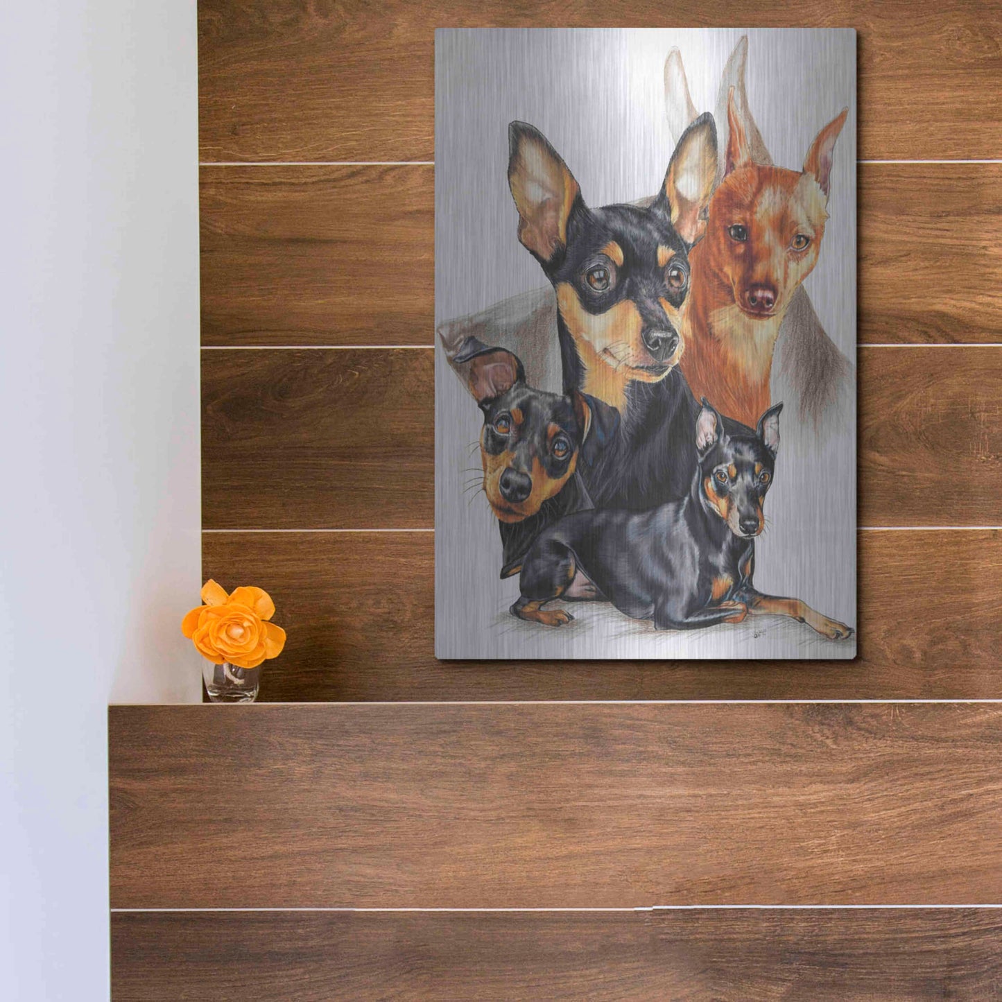 Luxe Metal Art 'Miniature Pinscher Medley' by Barbara Keith, Metal Wall Art,12x16