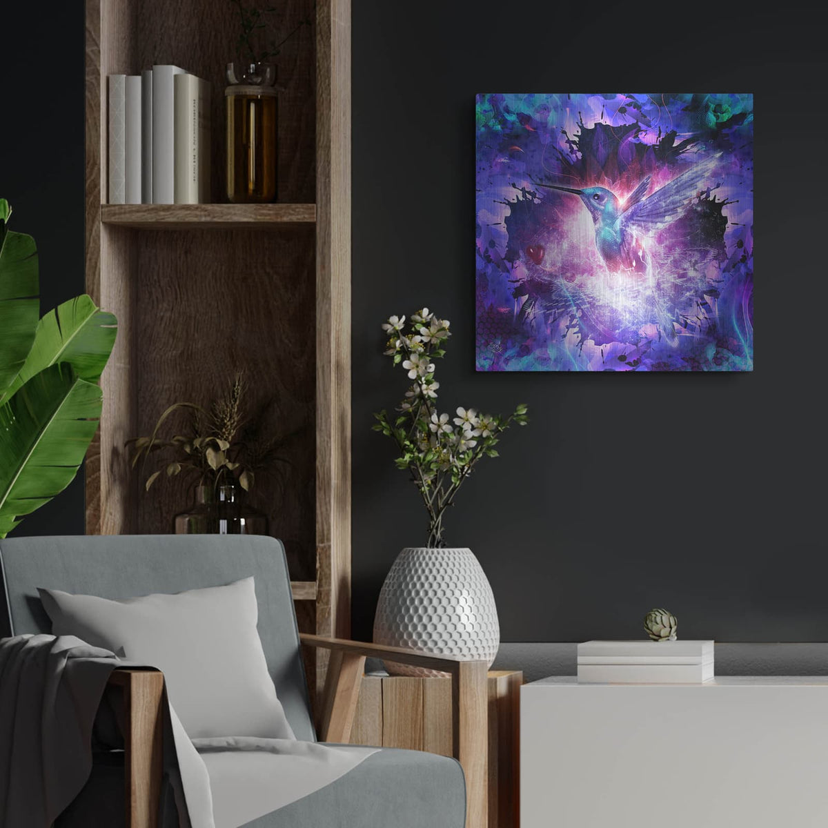 'Hummingbird Love' by Cameron Gray – Metal Wall Art, 24x24 room view