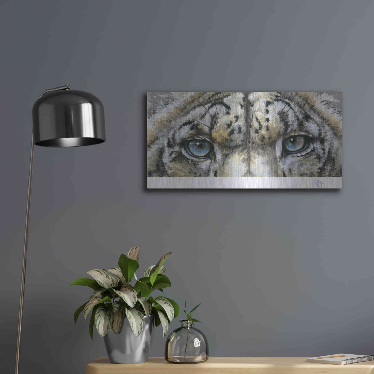 Luxe Metal Art 'Eye-Catching Snow Leopard' by Barbara Keith, Metal Wall Art,24x12