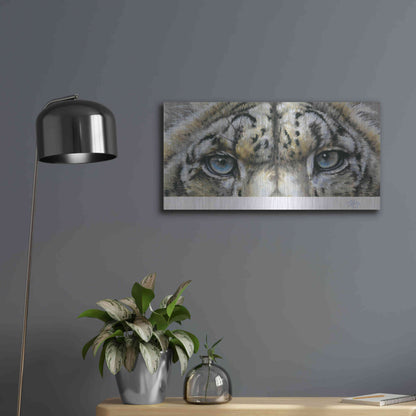 Luxe Metal Art 'Eye-Catching Snow Leopard' by Barbara Keith, Metal Wall Art,24x12