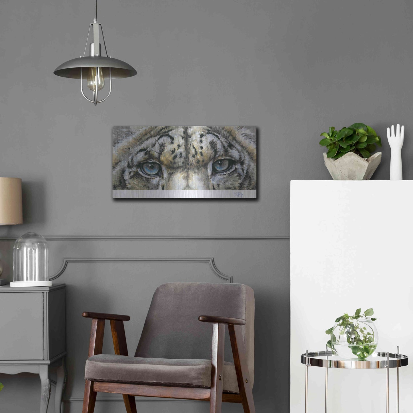 Luxe Metal Art 'Eye-Catching Snow Leopard' by Barbara Keith, Metal Wall Art,24x12