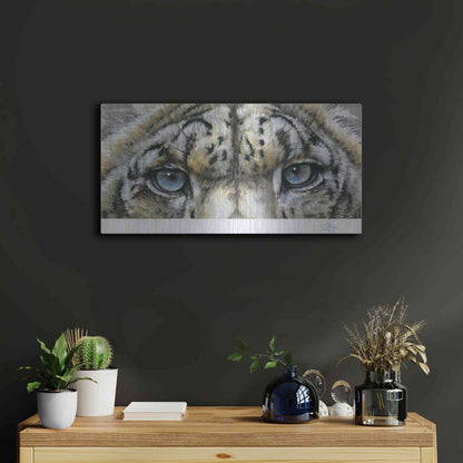 Luxe Metal Art 'Eye-Catching Snow Leopard' by Barbara Keith, Metal Wall Art,24x12