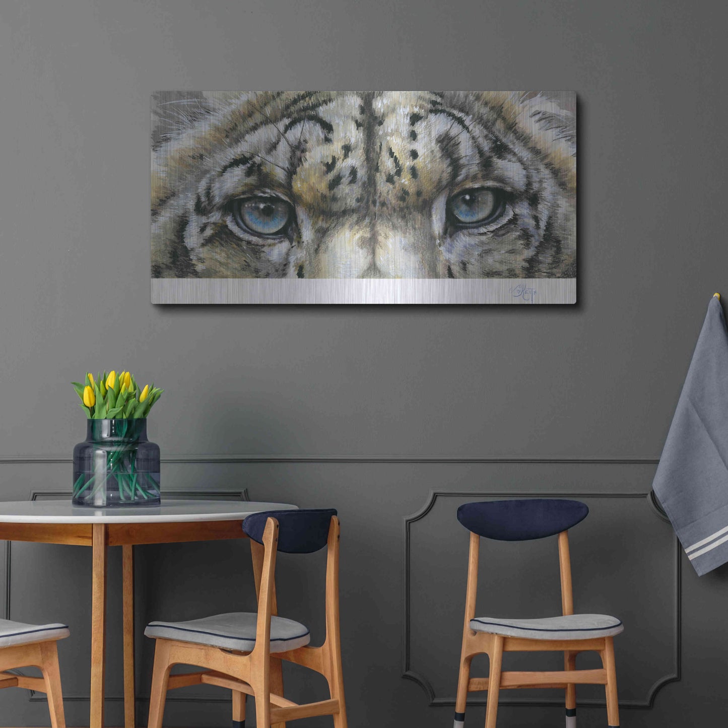Luxe Metal Art 'Eye-Catching Snow Leopard' by Barbara Keith, Metal Wall Art,48x24