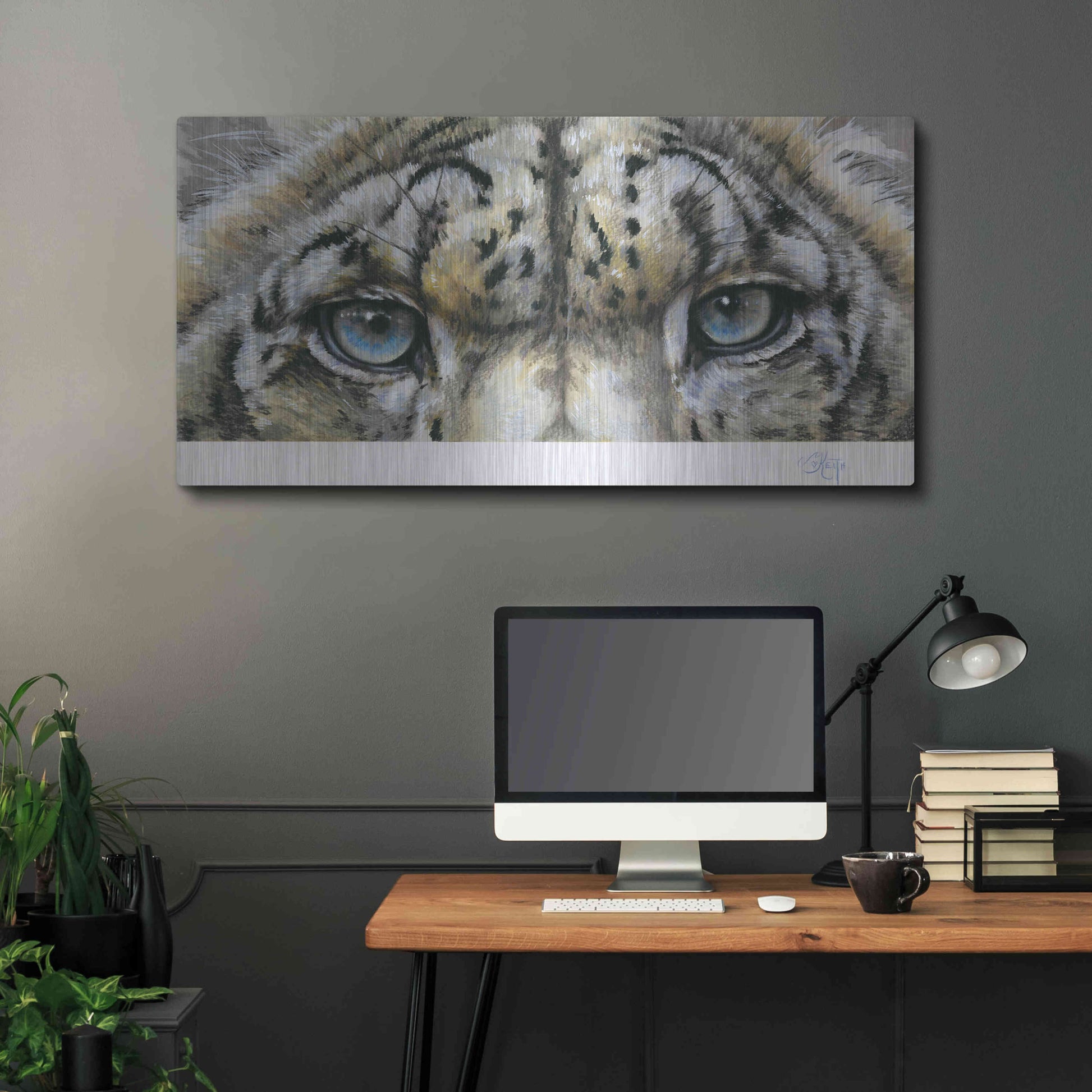 Luxe Metal Art 'Eye-Catching Snow Leopard' by Barbara Keith, Metal Wall Art,48x24
