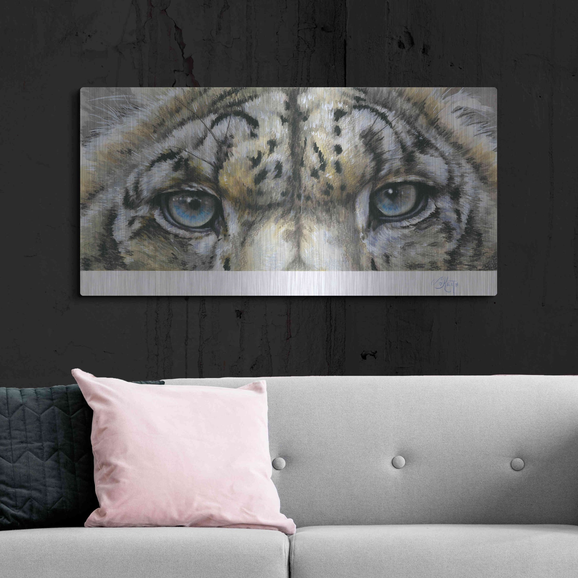 Luxe Metal Art 'Eye-Catching Snow Leopard' by Barbara Keith, Metal Wall Art,48x24