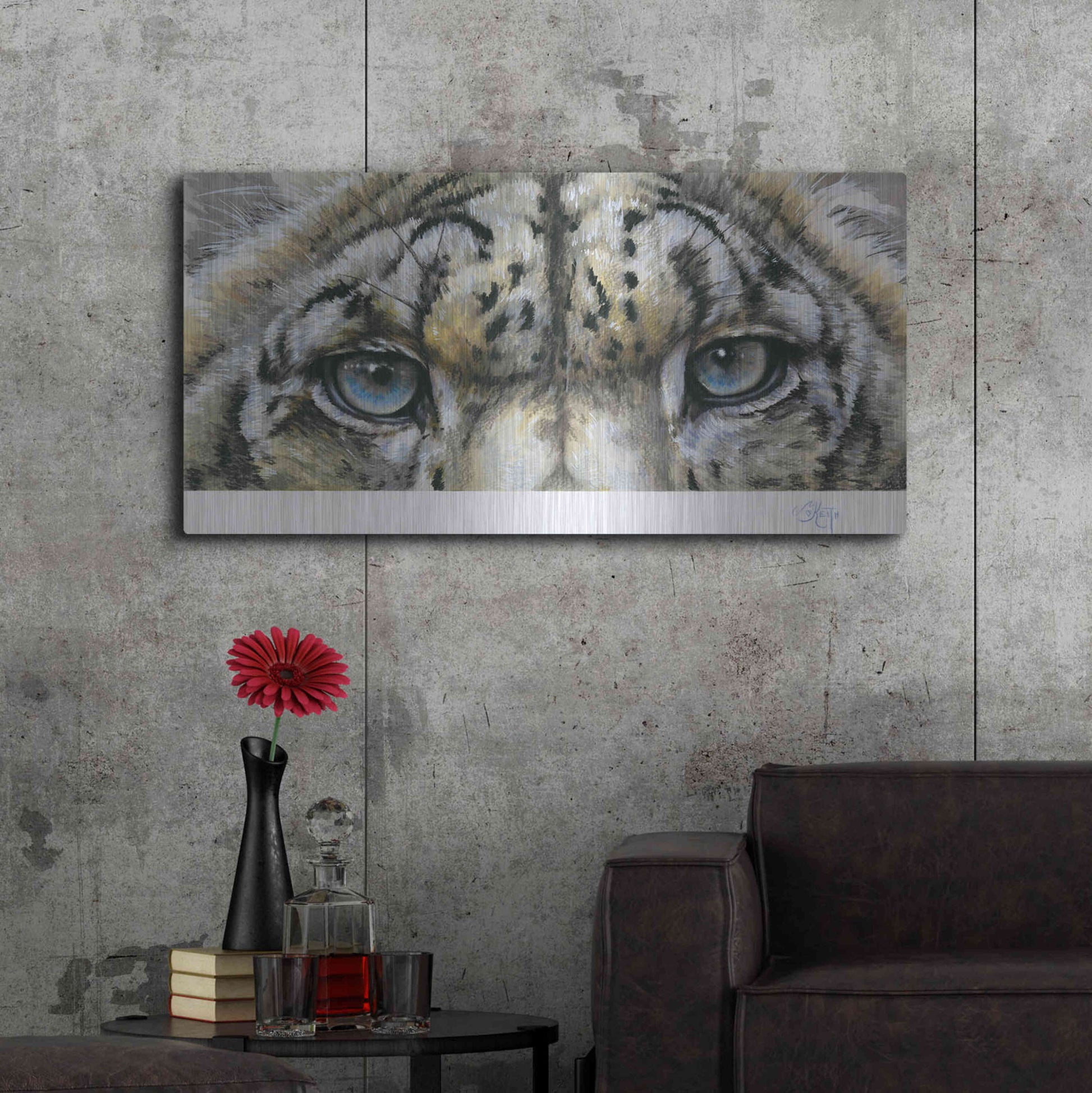 Luxe Metal Art 'Eye-Catching Snow Leopard' by Barbara Keith, Metal Wall Art,48x24