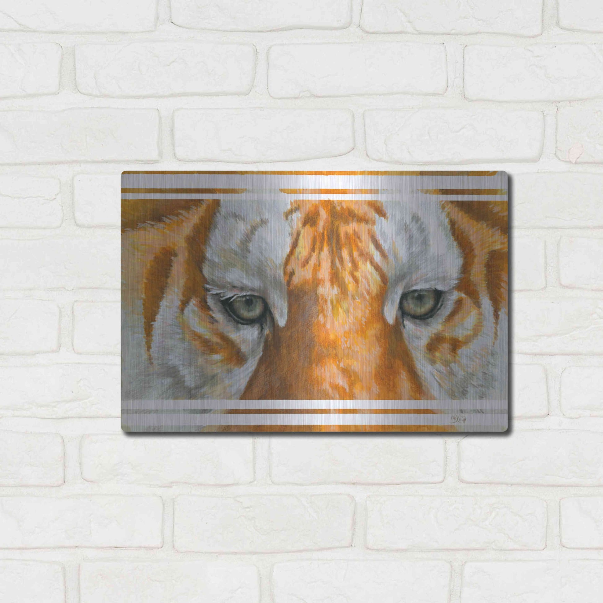 Luxe Metal Art 'Eye-Catching Golden Tabby Tiger' by Barbara Keith, Metal Wall Art,16x12