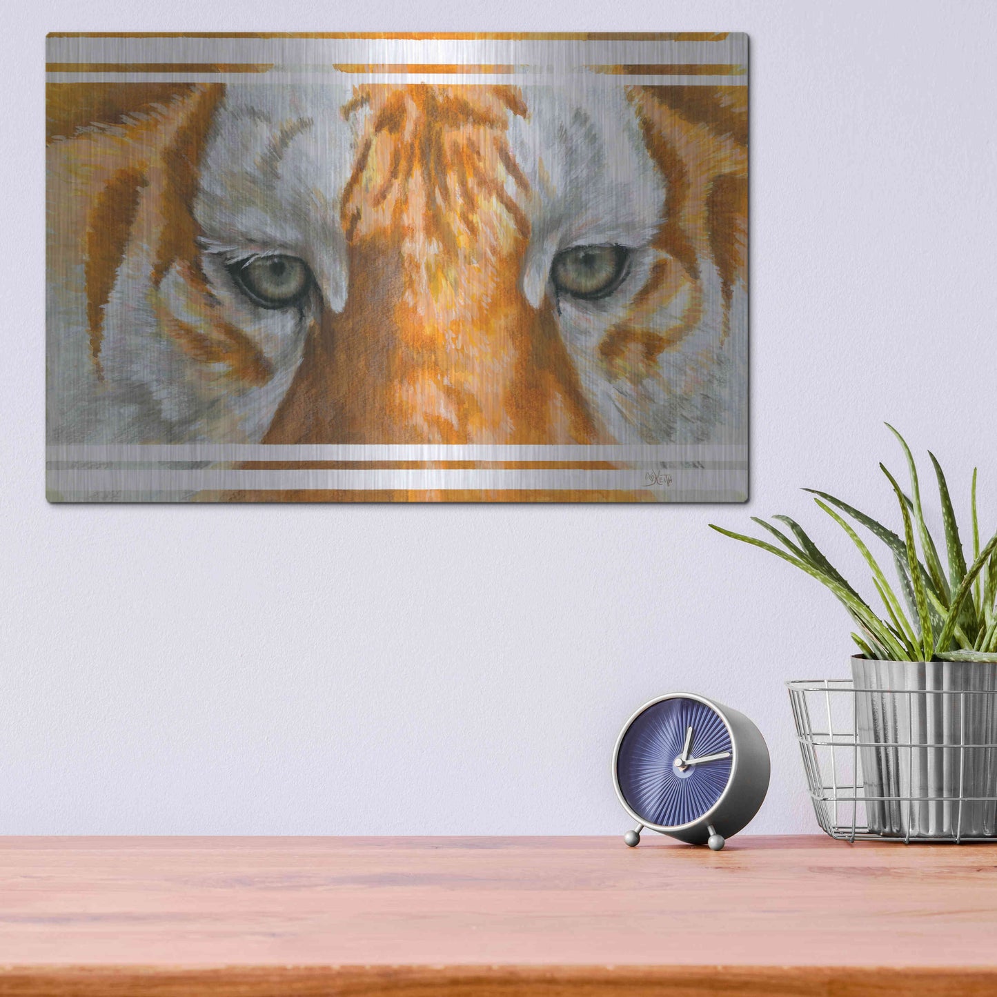 Luxe Metal Art 'Eye-Catching Golden Tabby Tiger' by Barbara Keith, Metal Wall Art,16x12