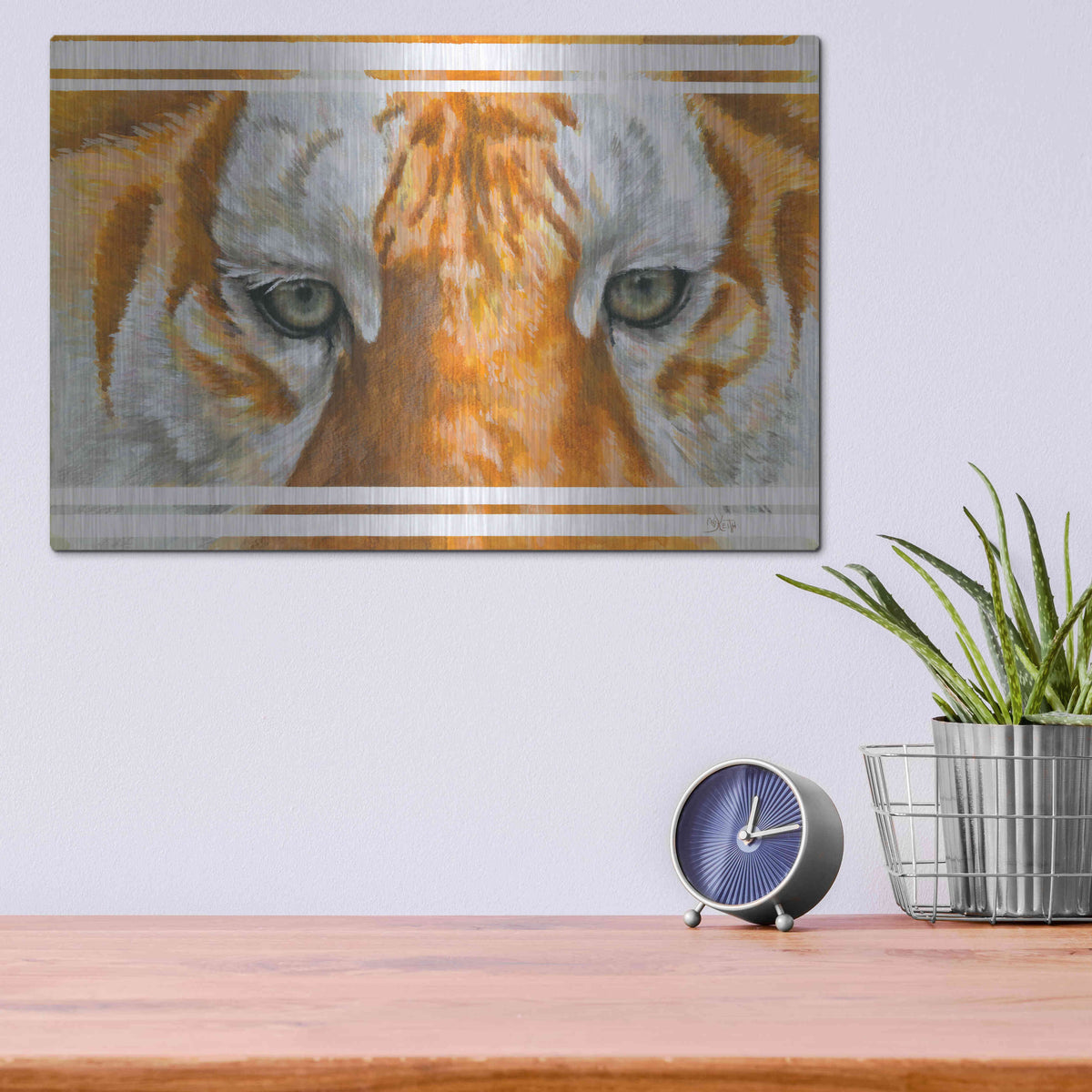 Luxe Metal Art 'Eye-Catching Golden Tabby Tiger' by Barbara Keith, Metal Wall Art,16x12