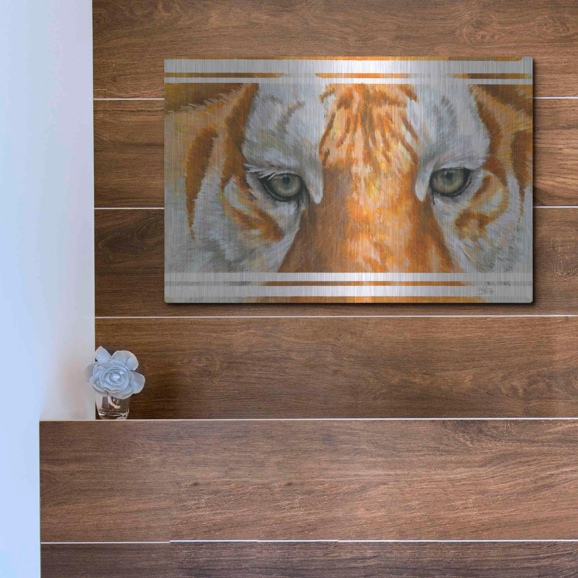 Luxe Metal Art 'Eye-Catching Golden Tabby Tiger' by Barbara Keith, Metal Wall Art,16x12