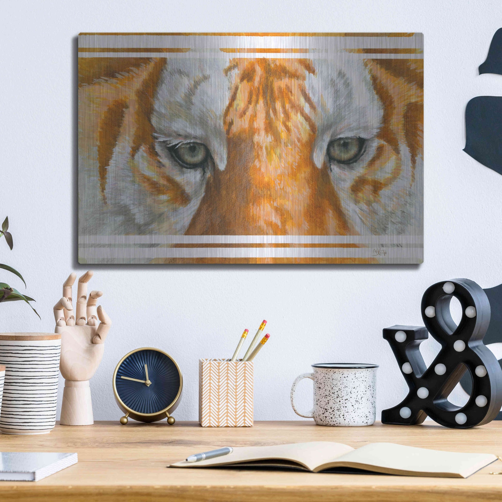 Luxe Metal Art 'Eye-Catching Golden Tabby Tiger' by Barbara Keith, Metal Wall Art,16x12