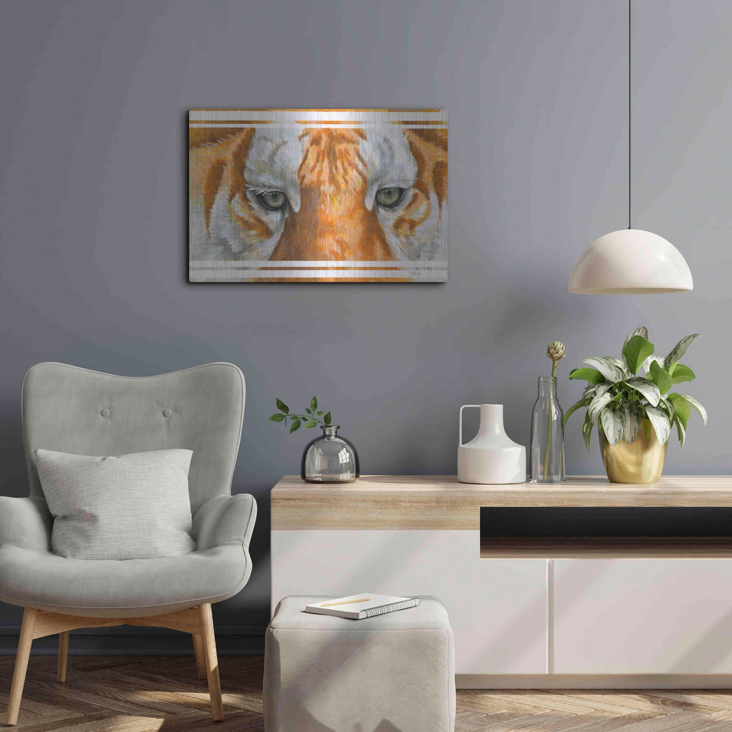 Luxe Metal Art 'Eye-Catching Golden Tabby Tiger' by Barbara Keith, Metal Wall Art,24x16