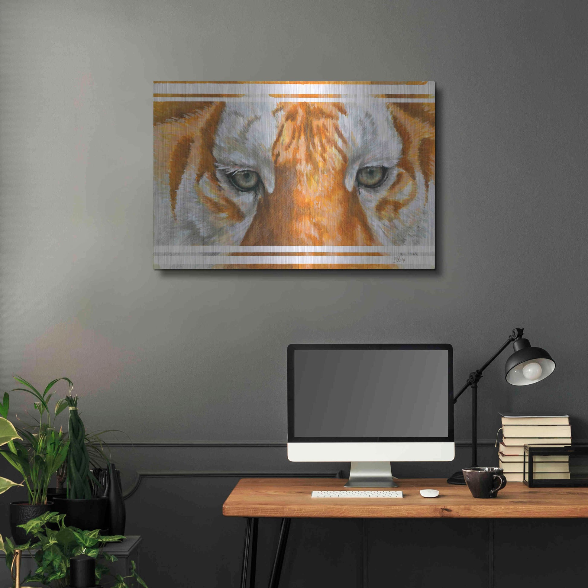 Luxe Metal Art 'Eye-Catching Golden Tabby Tiger' by Barbara Keith, Metal Wall Art,36x24