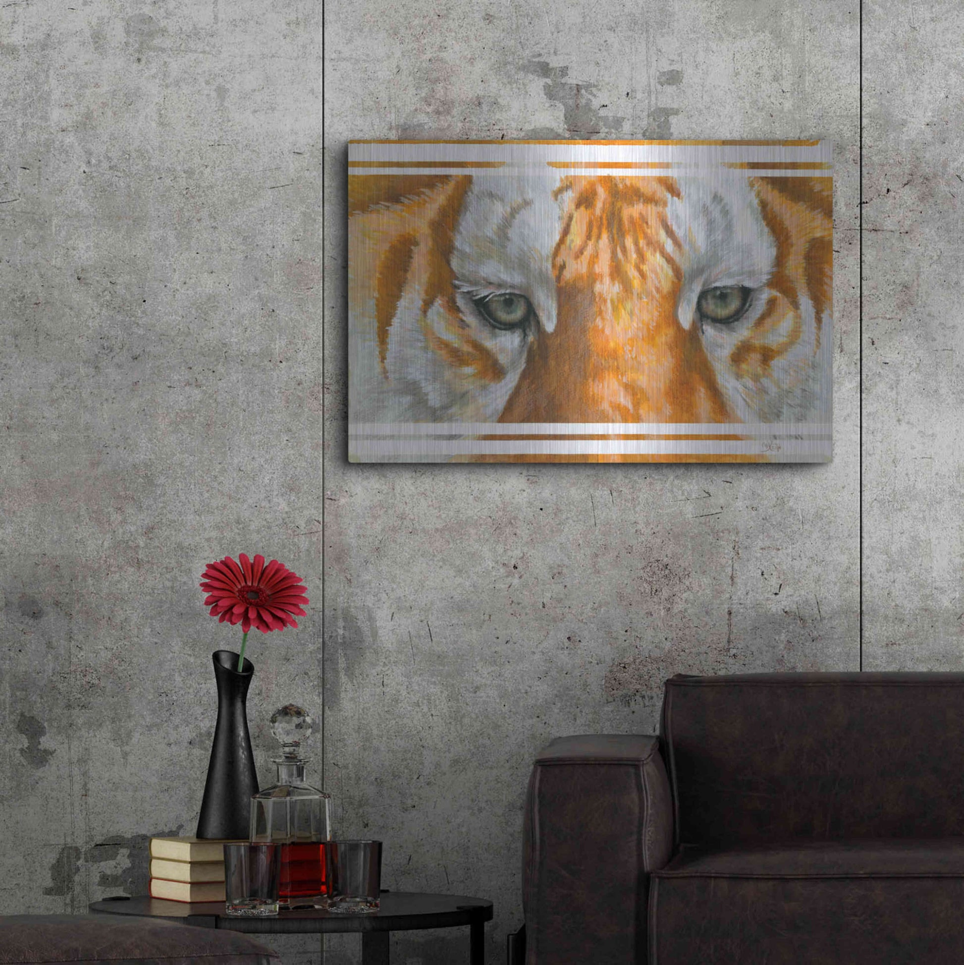 Luxe Metal Art 'Eye-Catching Golden Tabby Tiger' by Barbara Keith, Metal Wall Art,36x24