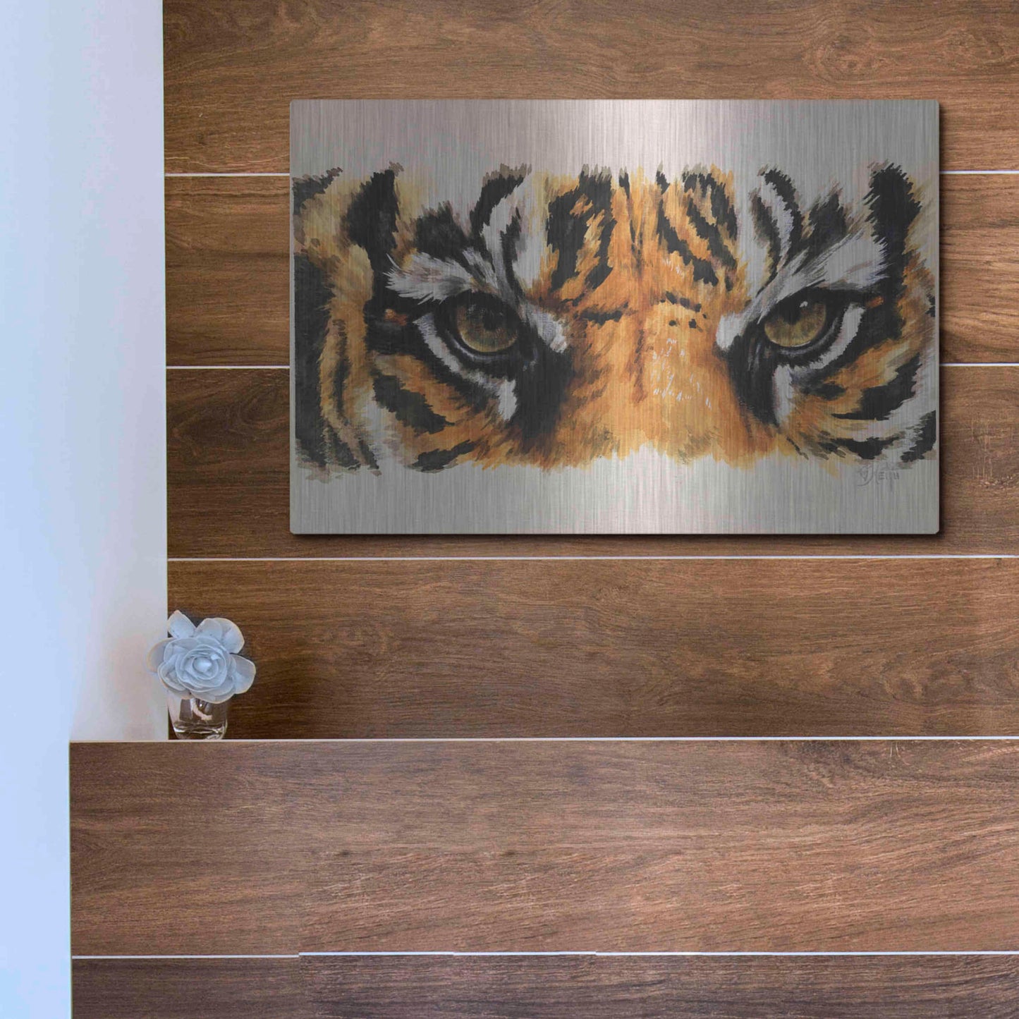 Luxe Metal Art 'Eye-Catching Tiger' by Barbara Keith, Metal Wall Art,16x12