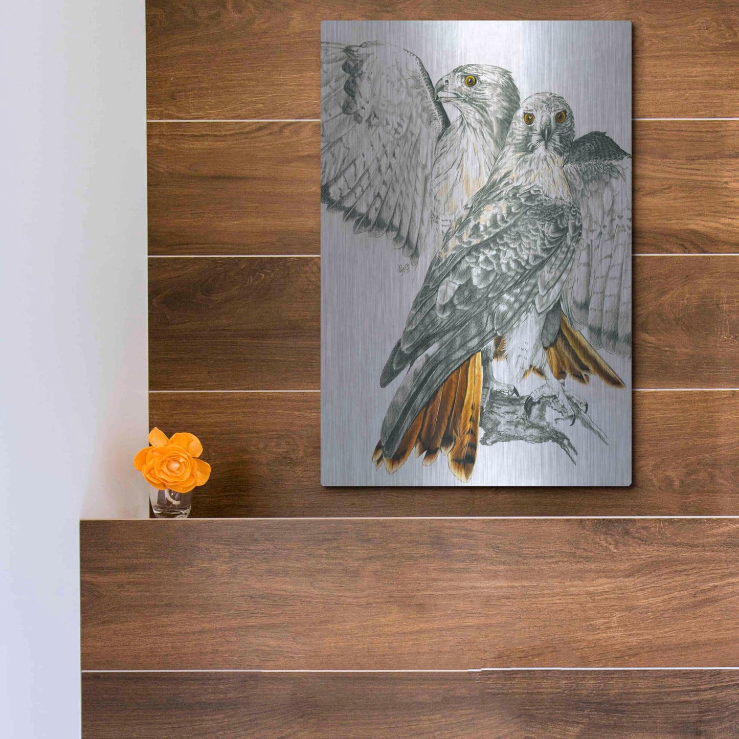 Luxe Metal Art 'Redtailed Hawk' by Barbara Keith, Metal Wall Art,12x16