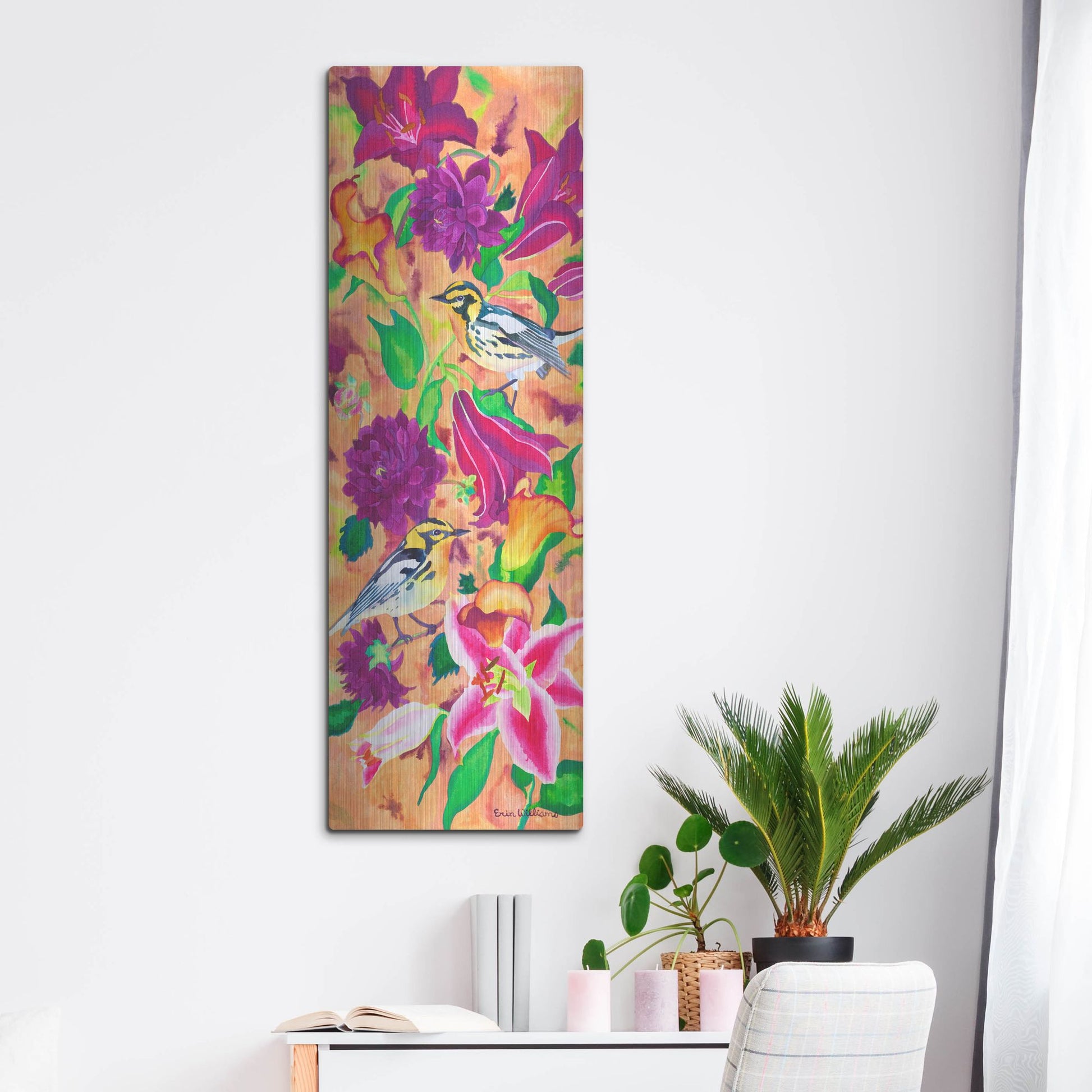 Luxe Metal Art 'Blackburnian Warblers' by Carissa Luminess, Metal Wall Art,16x48