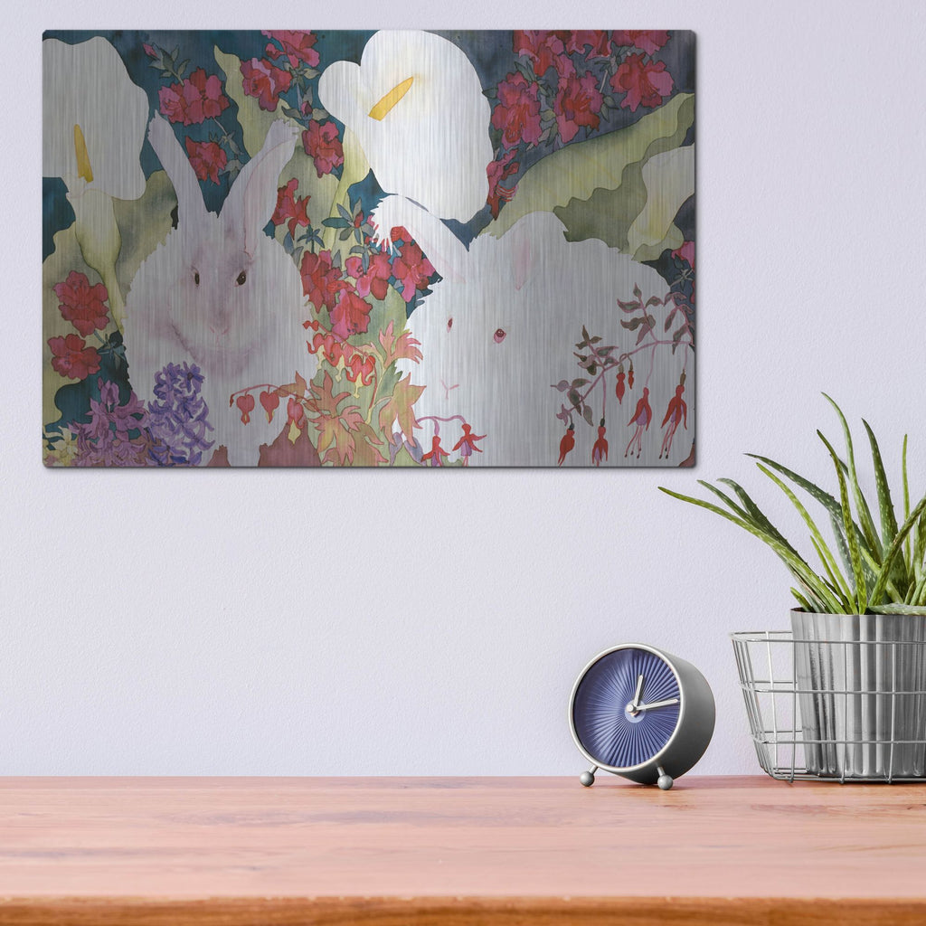 Luxe Metal Art 'Bunnies with Callas' by Carissa Luminess, Metal Wall Art,16x12