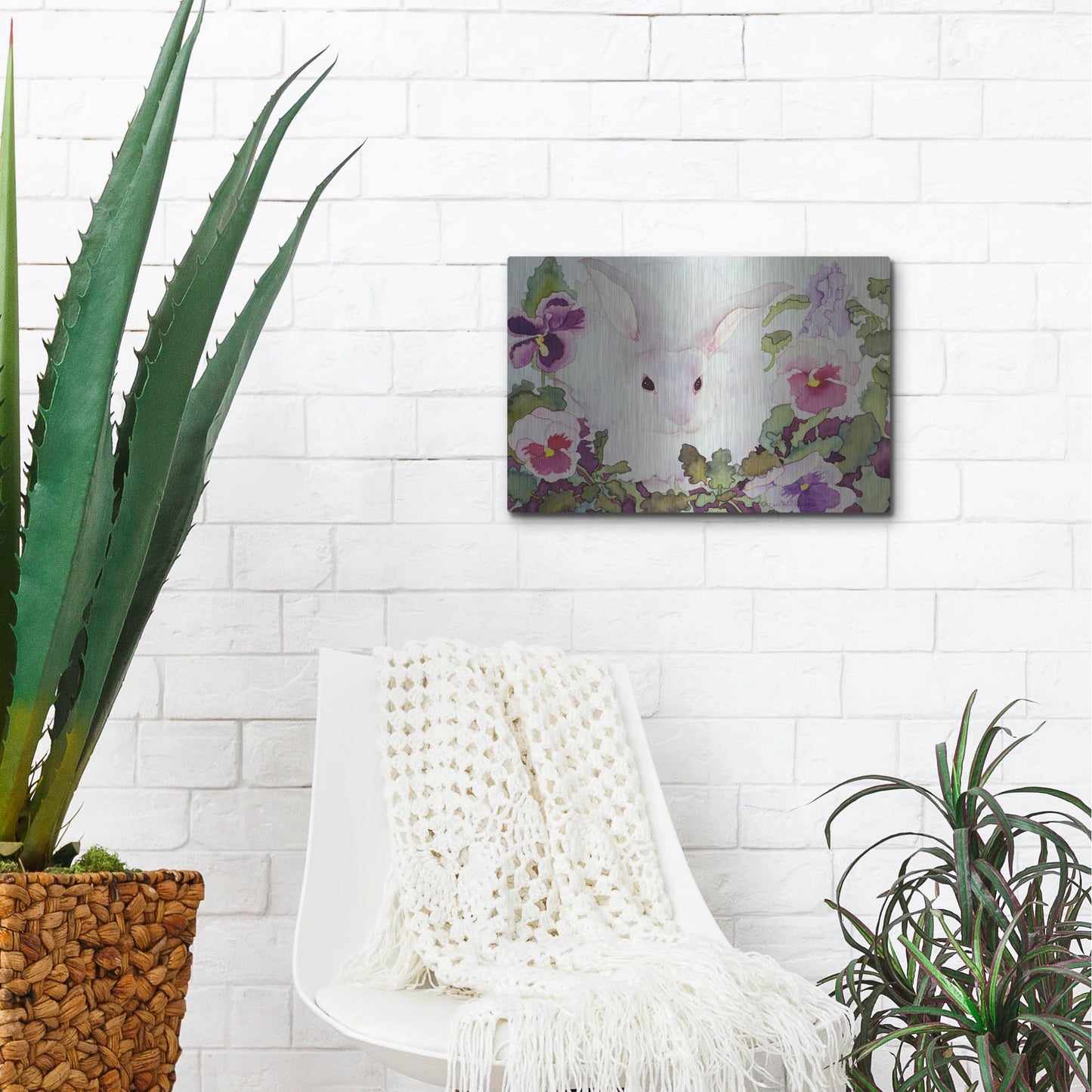 Luxe Metal Art 'Bunny with Pansies' by Carissa Luminess, Metal Wall Art,16x12