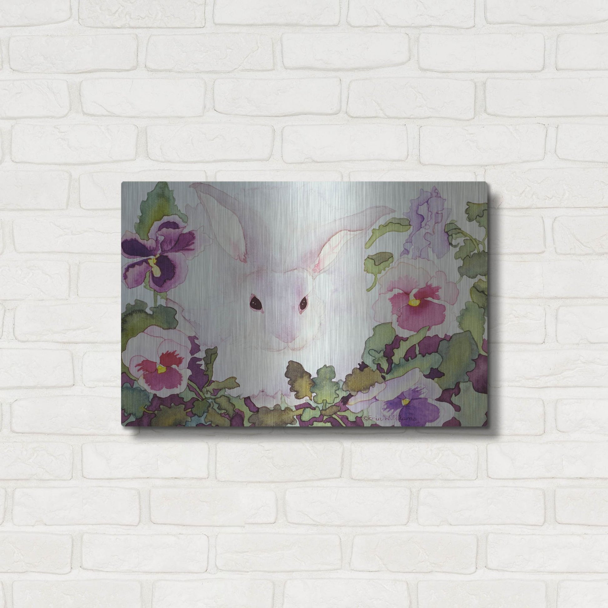 Luxe Metal Art 'Bunny with Pansies' by Carissa Luminess, Metal Wall Art,24x16