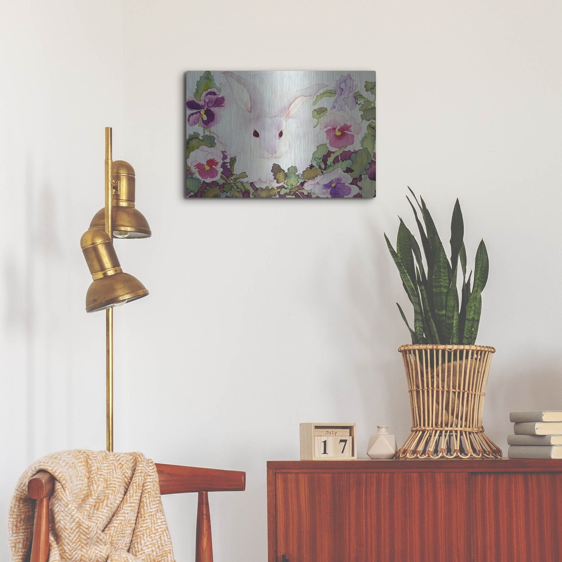 Luxe Metal Art 'Bunny with Pansies' by Carissa Luminess, Metal Wall Art,24x16