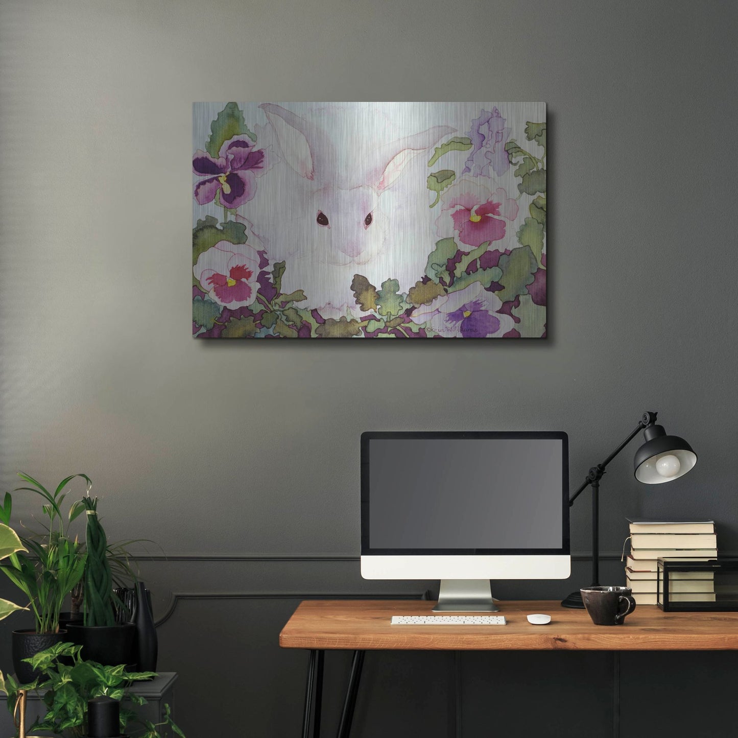 Luxe Metal Art 'Bunny with Pansies' by Carissa Luminess, Metal Wall Art,36x24