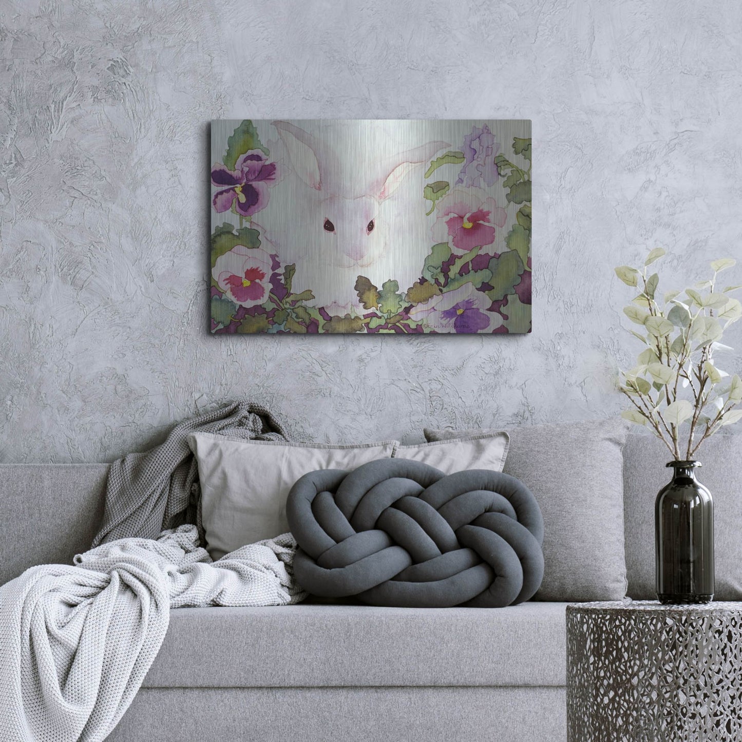 Luxe Metal Art 'Bunny with Pansies' by Carissa Luminess, Metal Wall Art,36x24