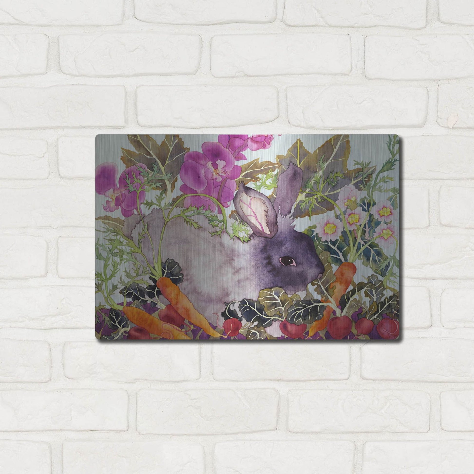 Luxe Metal Art 'Rabbit with Carrots' by Carissa Luminess, Metal Wall Art,16x12