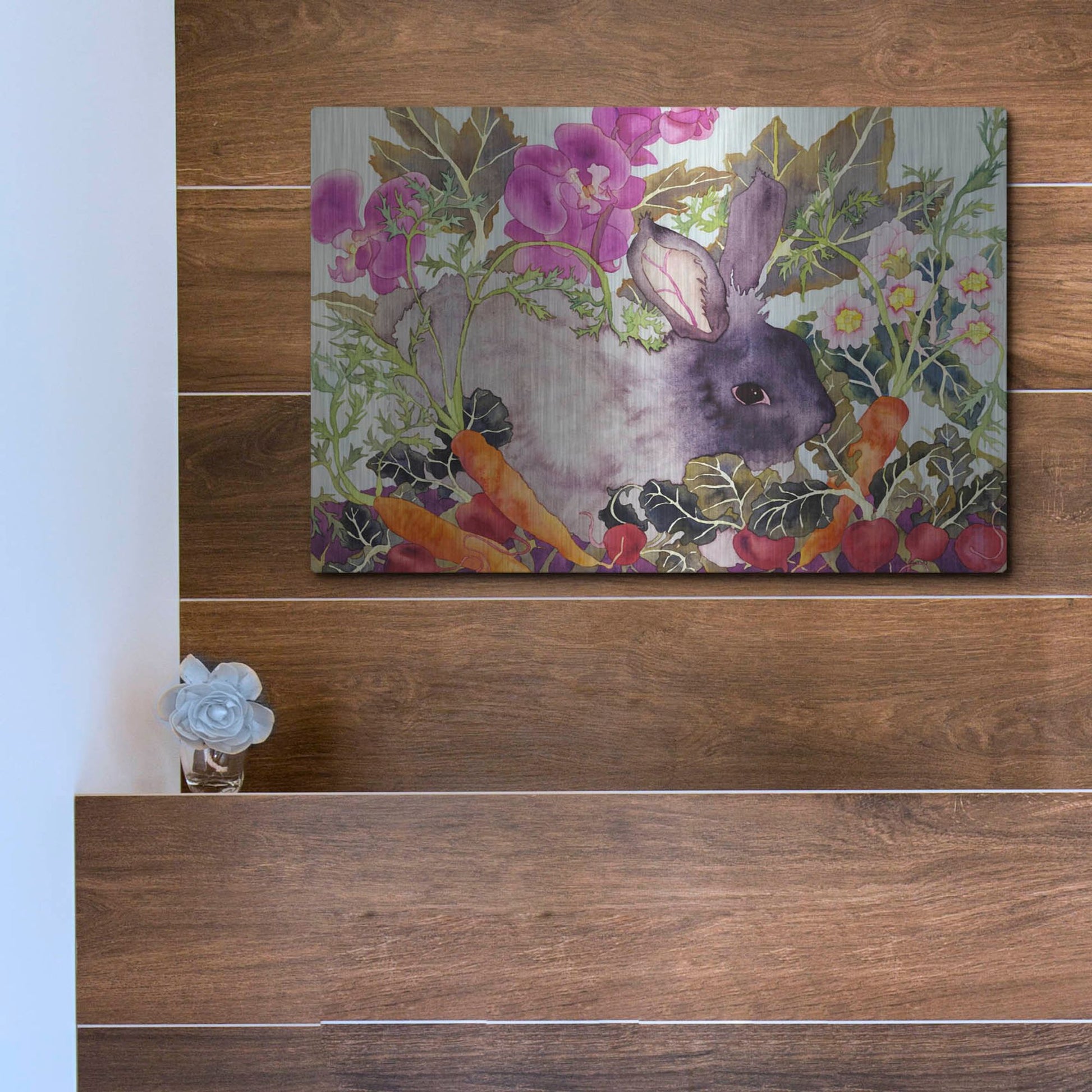 Luxe Metal Art 'Rabbit with Carrots' by Carissa Luminess, Metal Wall Art,16x12