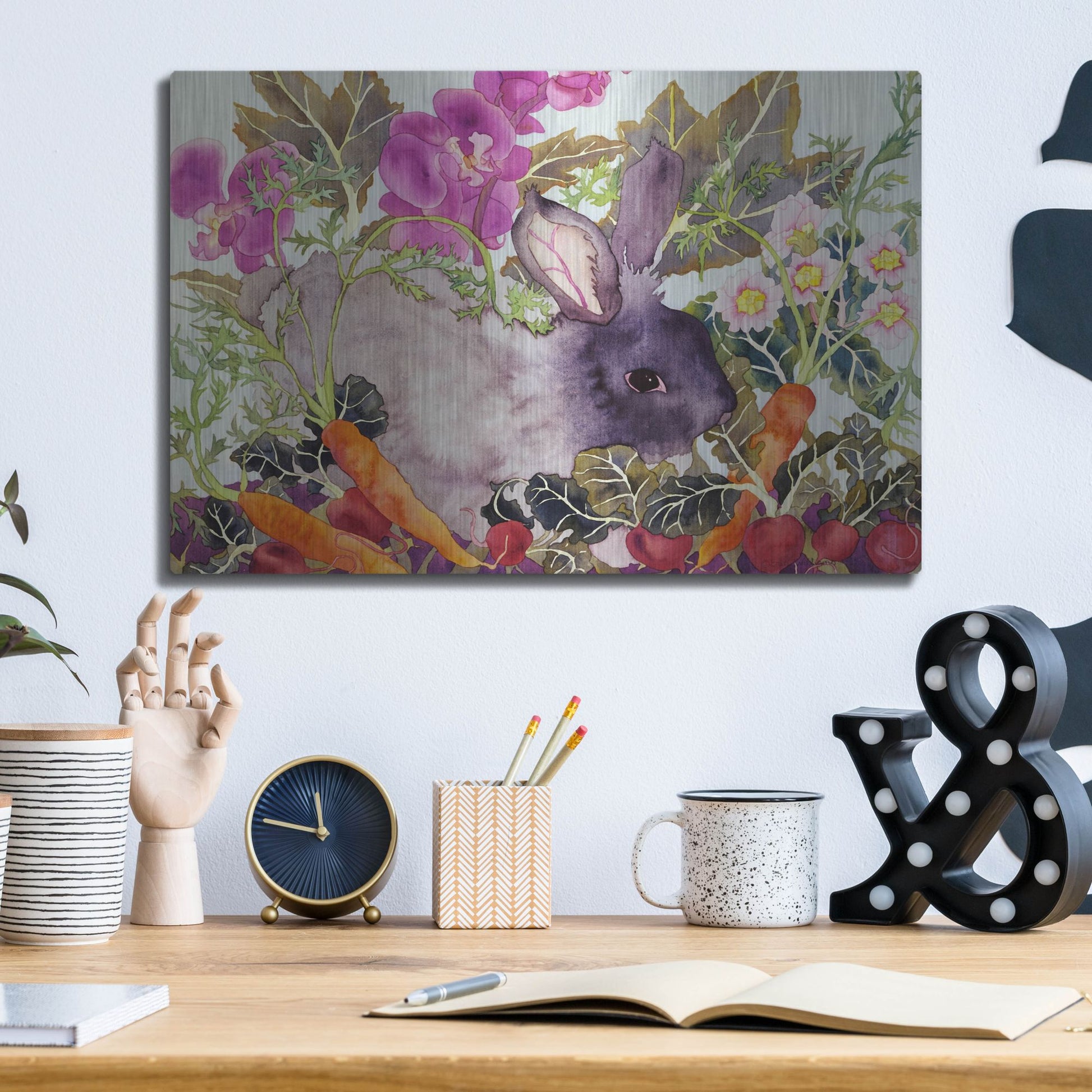 Luxe Metal Art 'Rabbit with Carrots' by Carissa Luminess, Metal Wall Art,16x12