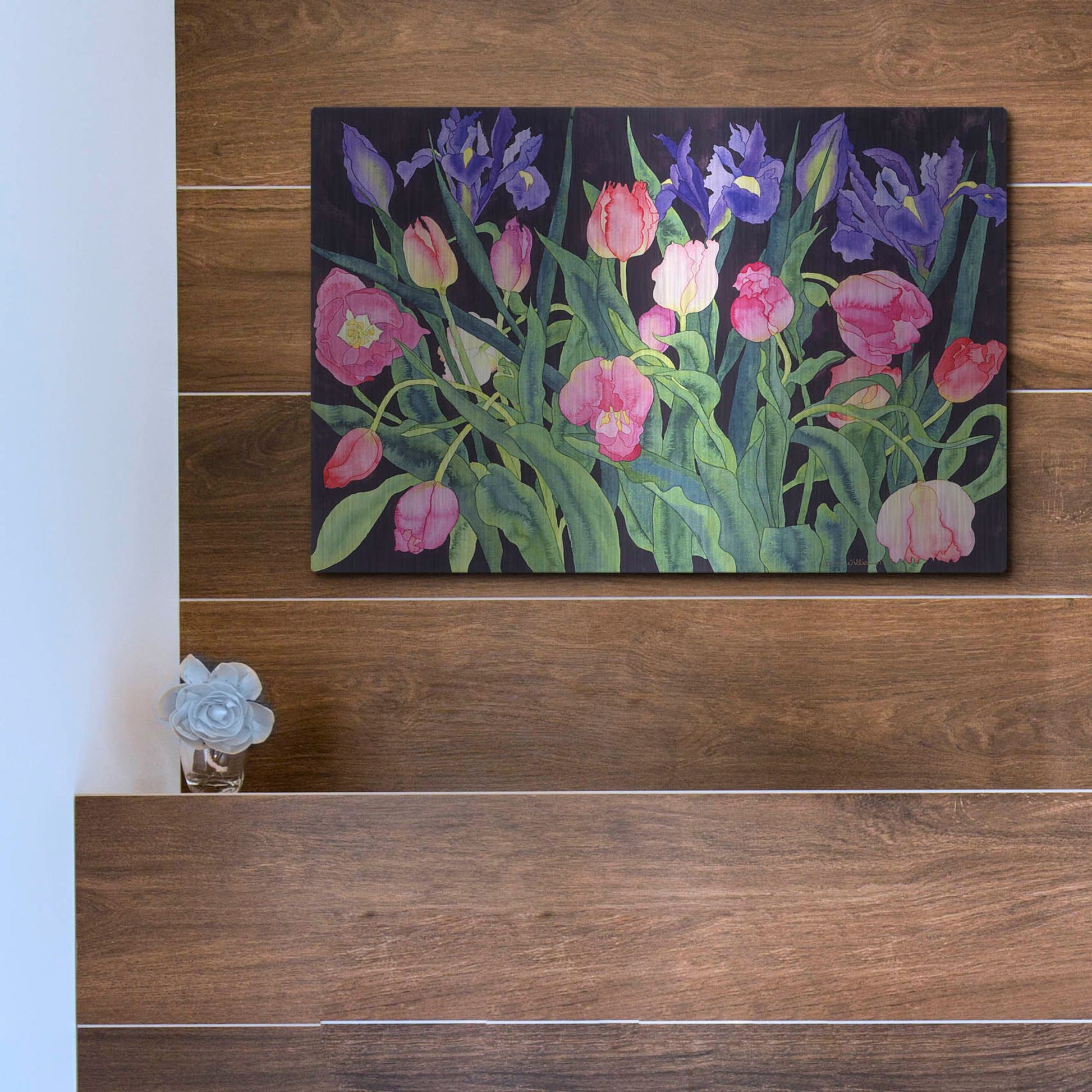 Luxe Metal Art 'Tulips And Irises' by Carissa Luminess, Metal Wall Art,16x12